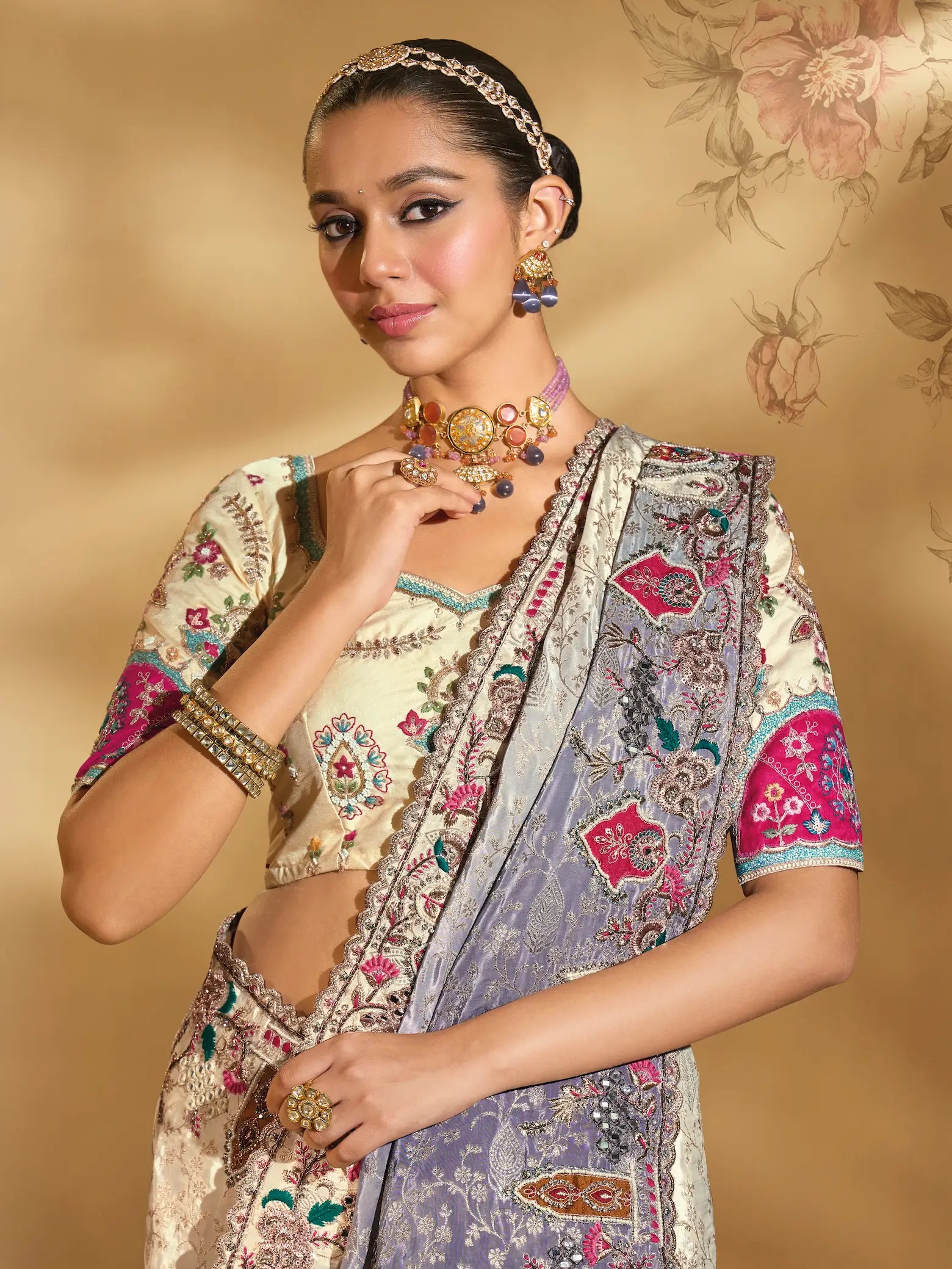 Beige-Grey Crepe Silk Heavy Embroidery & Hand Work Saree - qivii