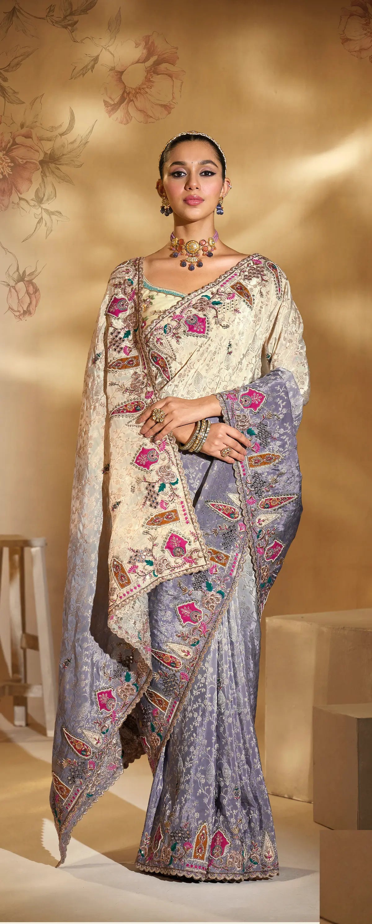 Beige-Grey Crepe Silk Heavy Embroidery & Hand Work Saree - qivii