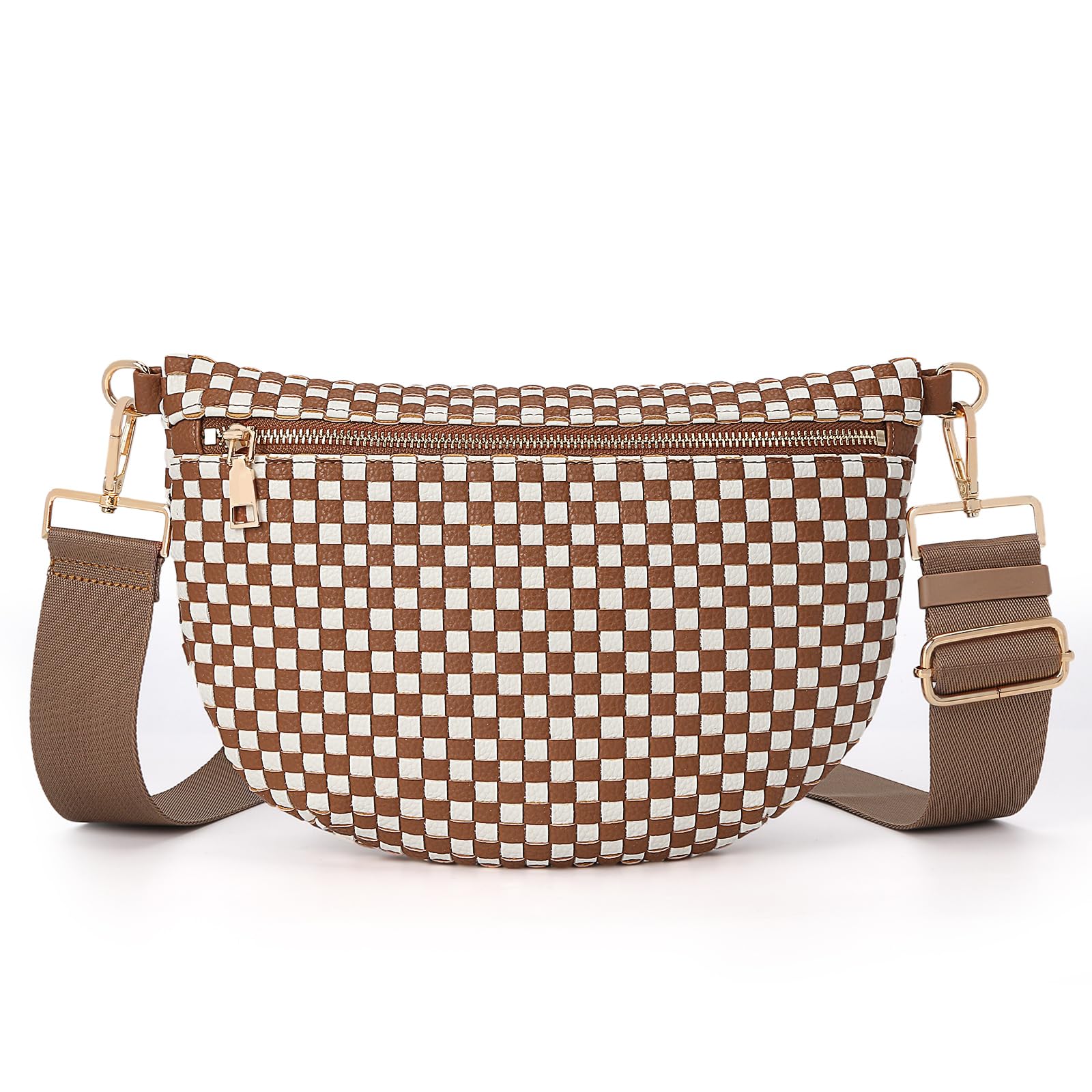 Ounamei Checkered Woven Crossbody Fanny Pack for Women – Adjustable Sling Bum Bag, Lightweight Everyday Travel Shoulder Purse