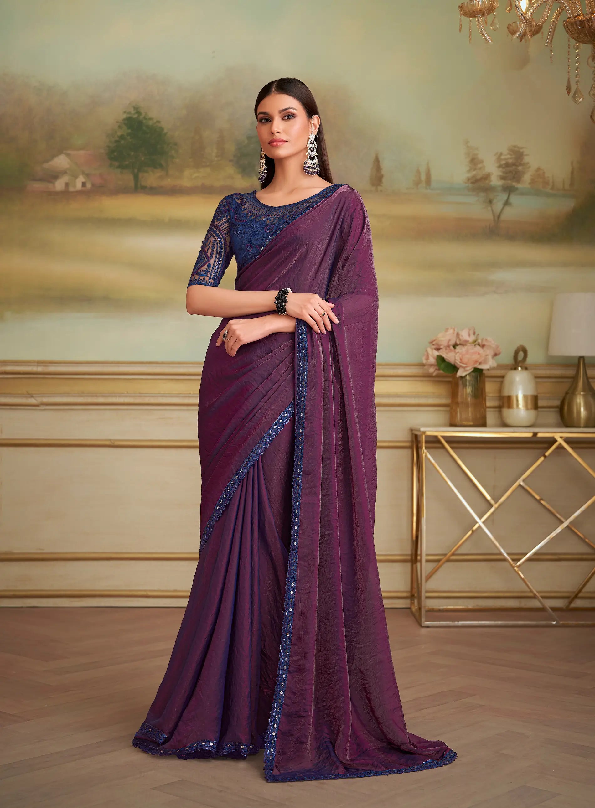 Wine Berry Twilight Georgette Embroidery Saree
