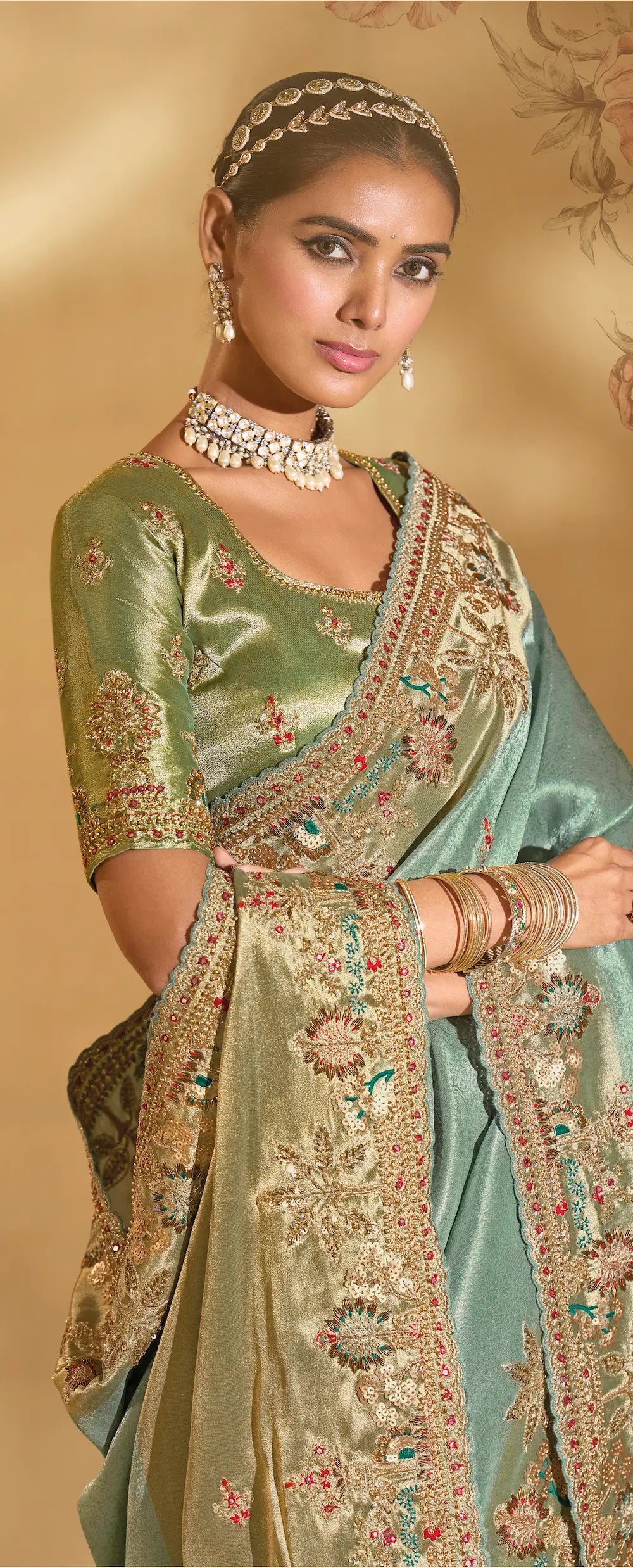 Smoky Green Silk Heavy Embroidery & Hand Work Saree - qivii