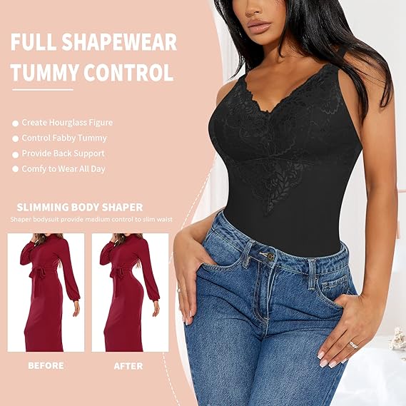 Lace V neck Tummy Control Sculpting Full Body Shapewear Bodysuit - By Qivii