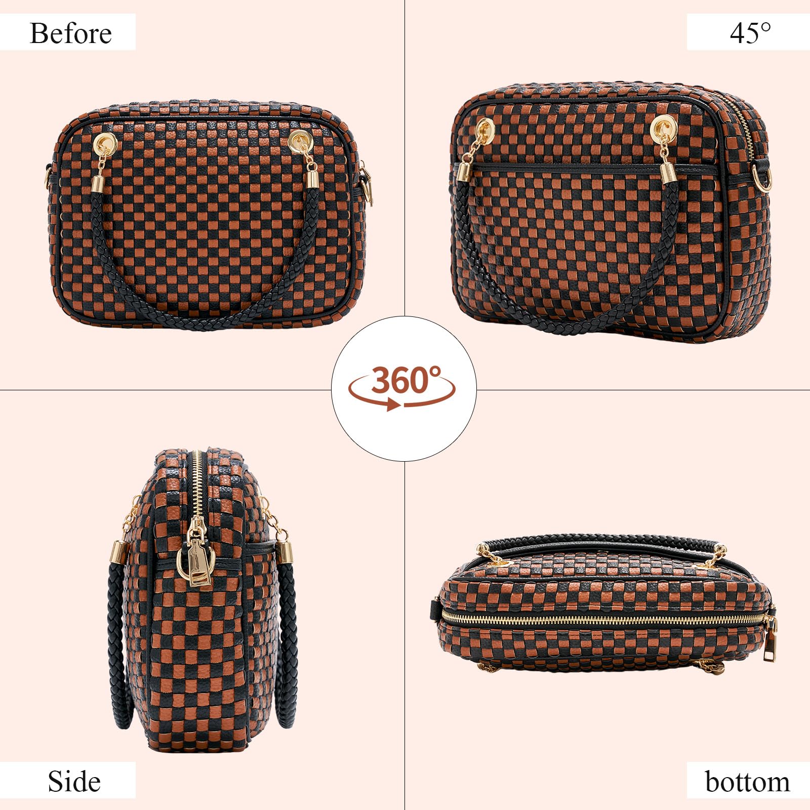 Ounamei Chic Checkered Woven Handbag Top Handle Crossbody Shoulder Bag Vegan Leather