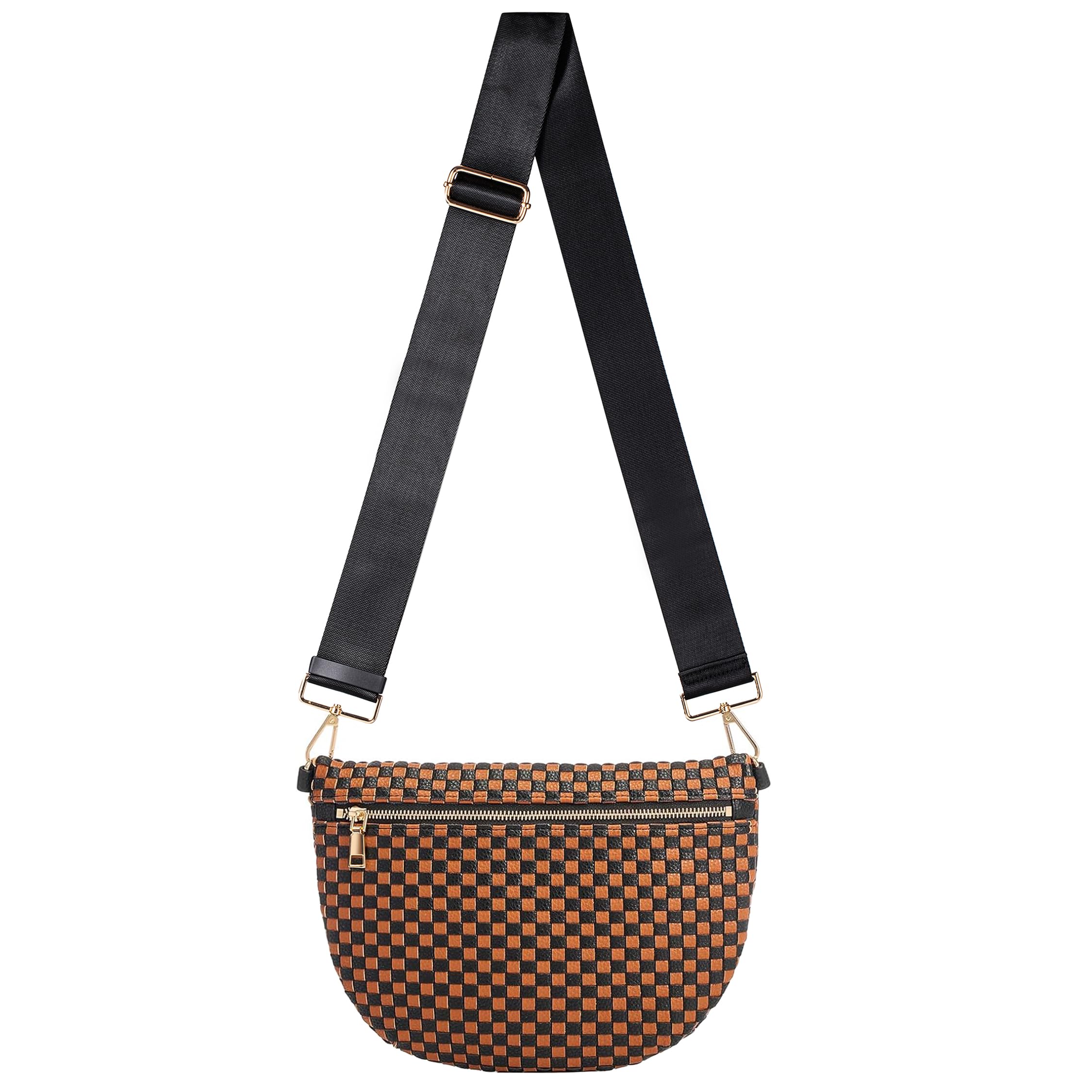 Ounamei Checkered Woven Crossbody Fanny Pack for Women – Adjustable Sling Bum Bag, Lightweight Everyday Travel Shoulder Purse