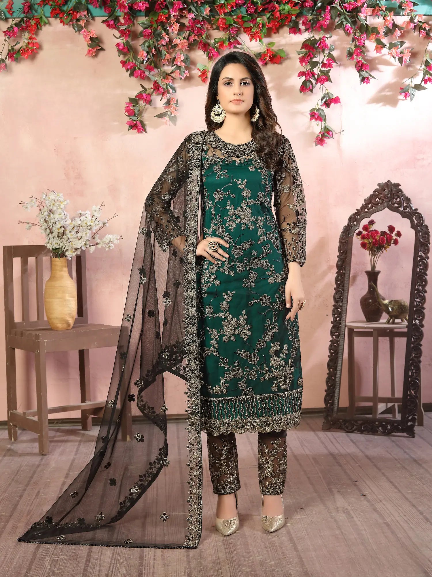 Green Net Thread & Sequence Embroidery Work Salwar Suit - qivii