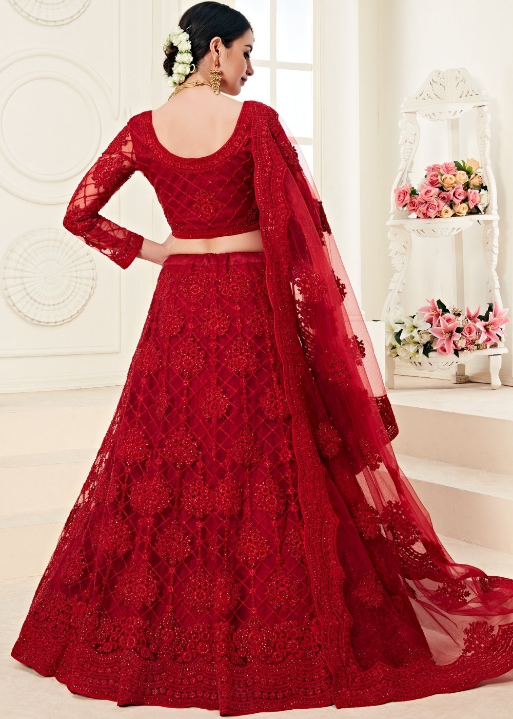 Chilli Red Soft Net Lehenga Choli with Cording Embroidery & Stonework | Ready To Wear - qivii