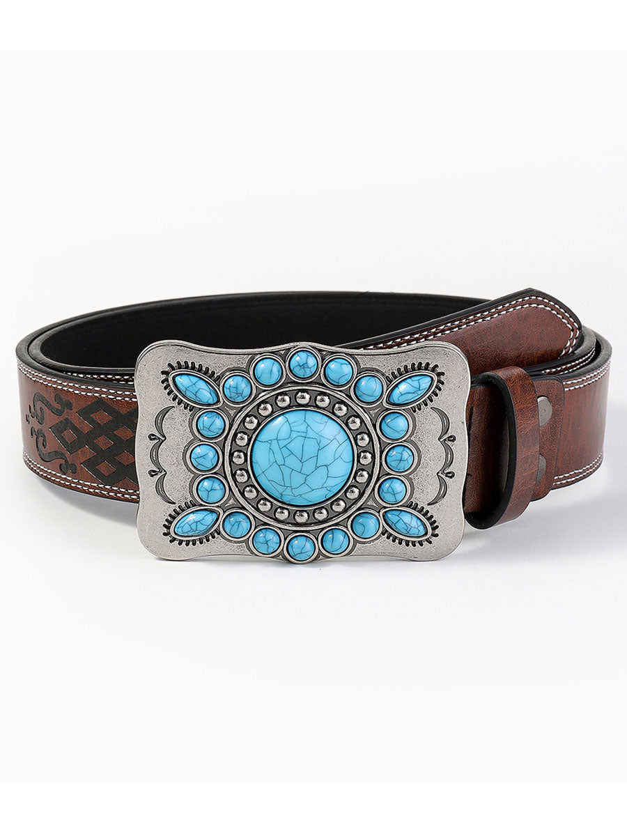 Casual Vintage Gem Flower Decorated PU Leather Belt - By Qivii