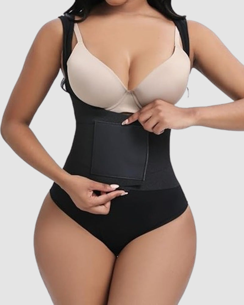 Women Low Back Tummy Control Thong Bodysuit Shapewear with Reinforced belt - By Qivii