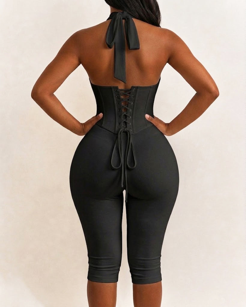 Polka Dot Halter Neck Hourglass Capri Jumpsuit with Detachable Corset Two-Piece Set - By Qivii