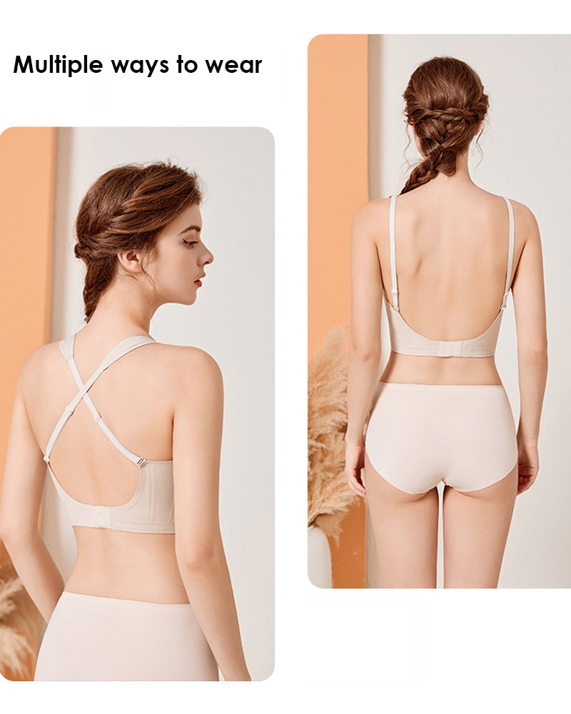 Women's Seamless Low Back Wireless Deep U Shaped Backless Comfort Minimizer Bra - By Qivii