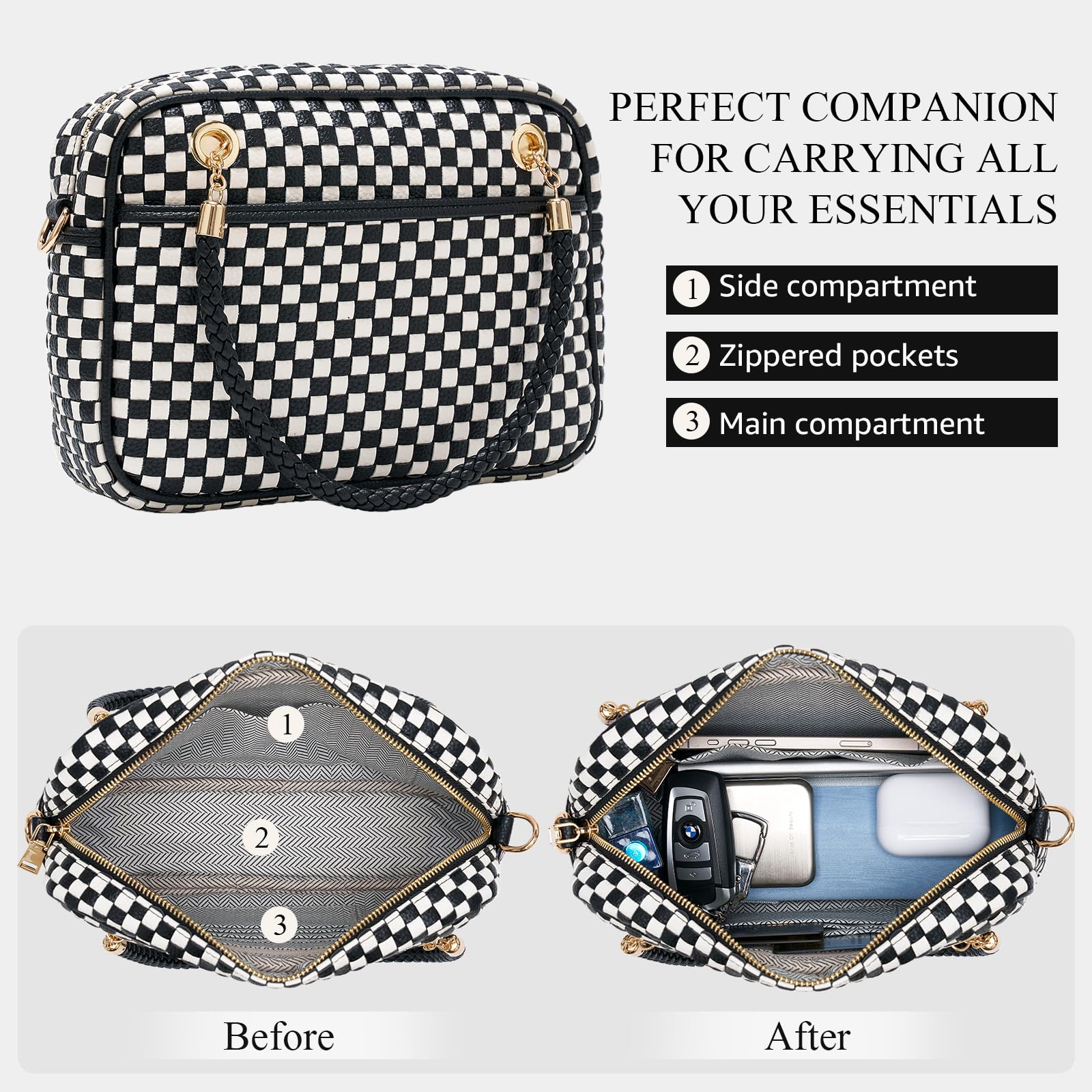 Ounamei Chic Checkered Woven Handbag Top Handle Crossbody Shoulder Bag Vegan Leather