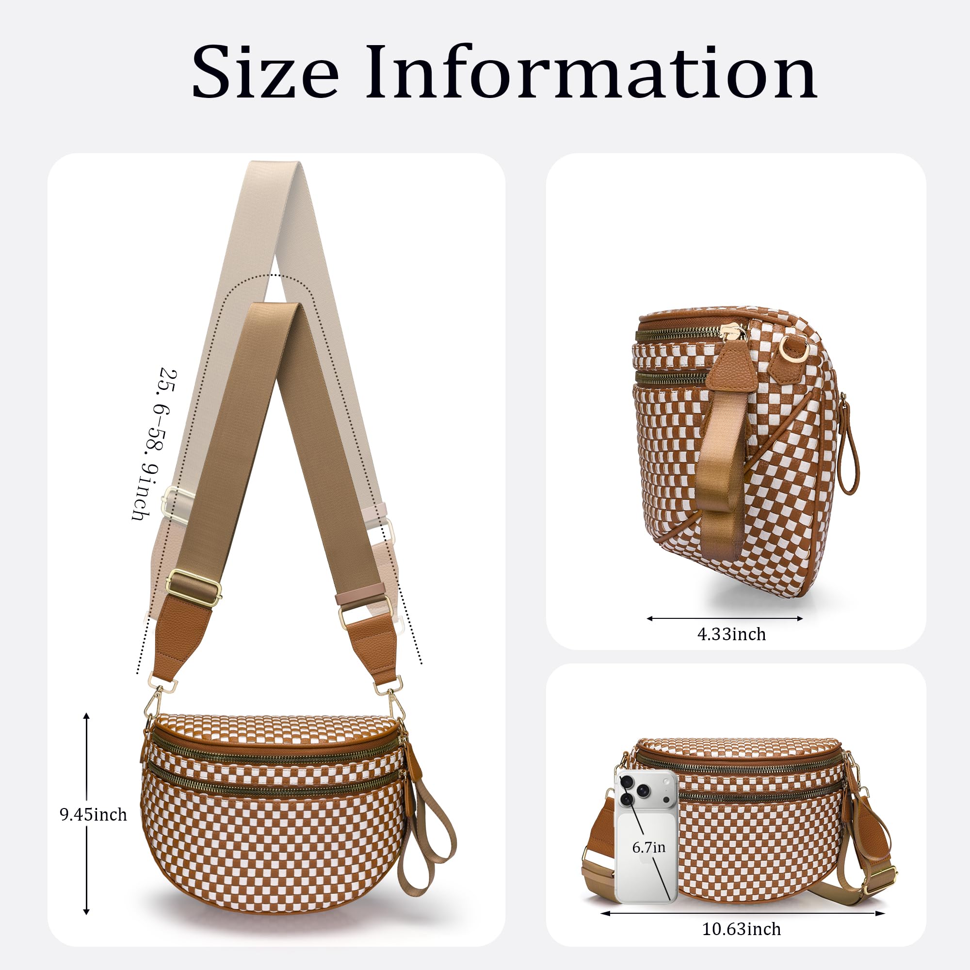 Ounamei Checkered Woven Crossbody Bum Bag | Vegan Leather Sling Bag with Adjustable Strap