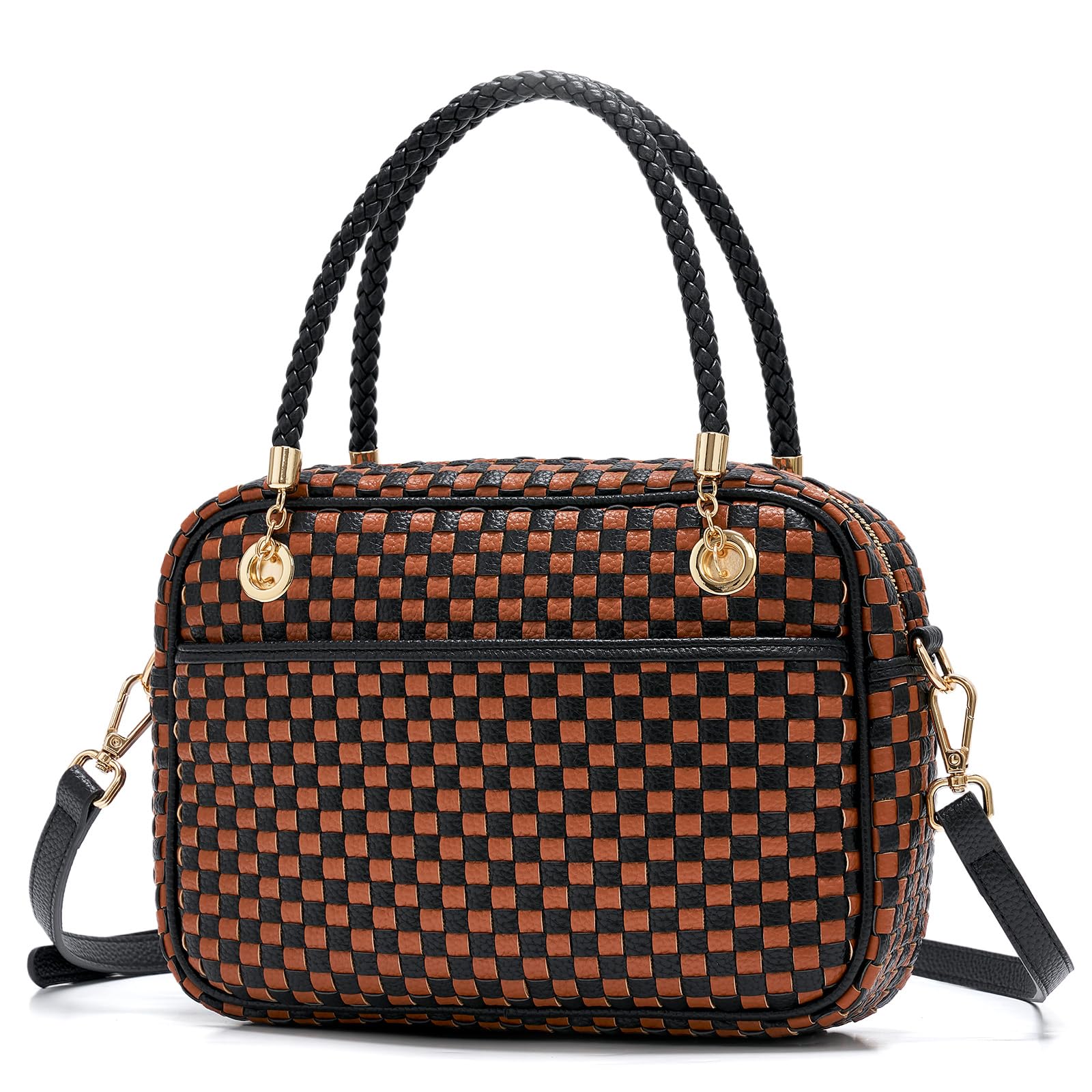 Ounamei Chic Checkered Woven Handbag Top Handle Crossbody Shoulder Bag Vegan Leather