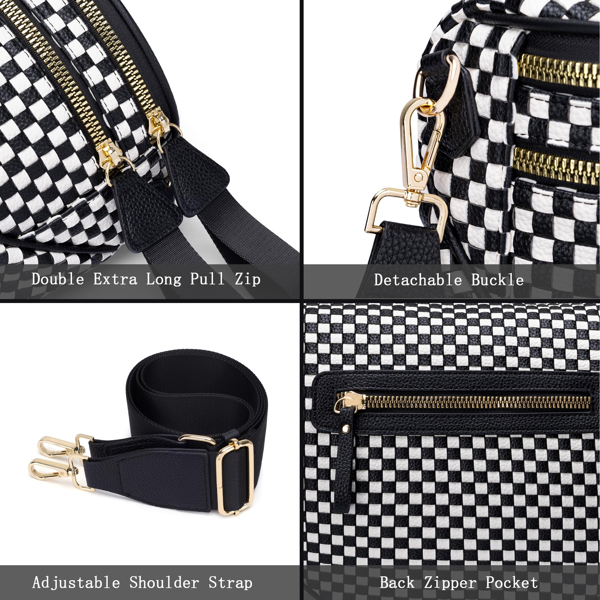 Ounamei Checkered Woven Crossbody Bum Bag | Vegan Leather Sling Bag with Adjustable Strap