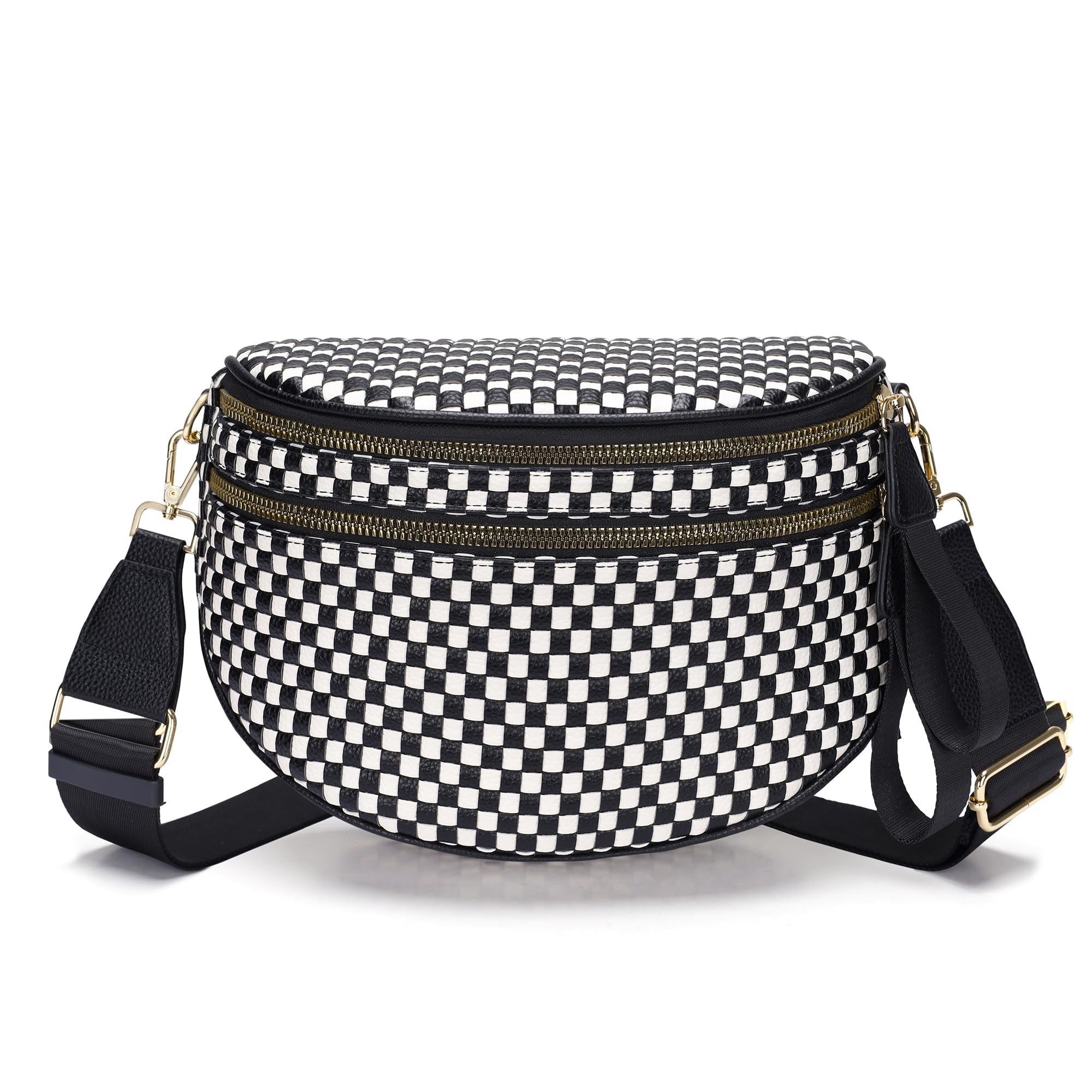 Ounamei Checkered Woven Crossbody Bum Bag | Vegan Leather Sling Bag with Adjustable Strap