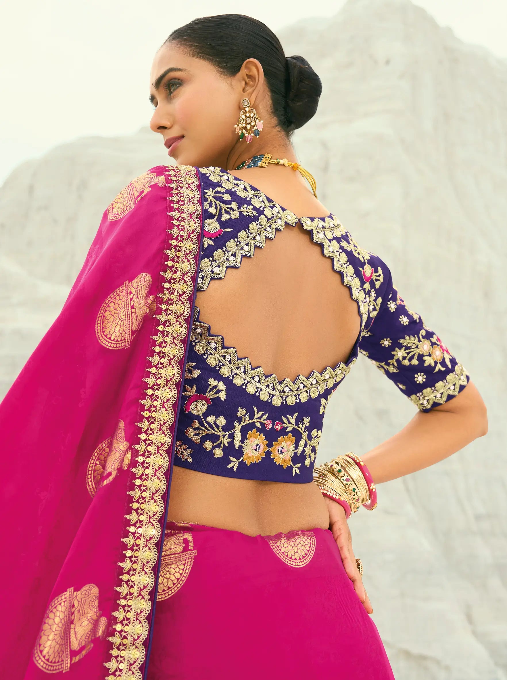 Rani Pink Organza Satin Heavy Embroidery Saree