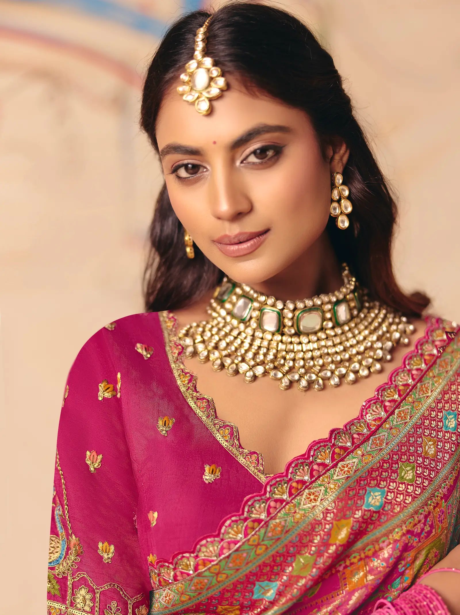 Rani Pink Dola Silk Zari & Embroidery Saree