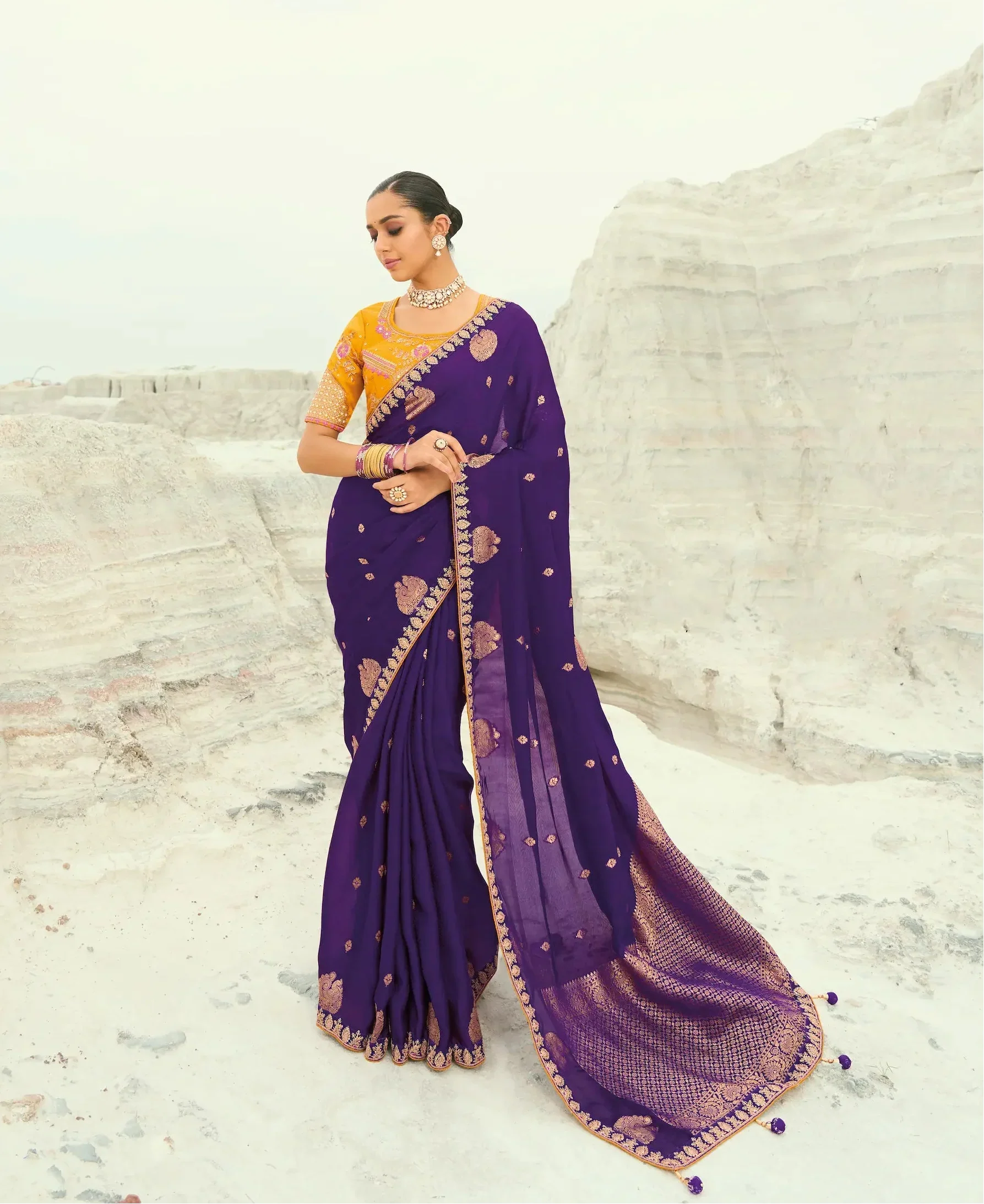 Plum Purple Organza Satin Heavy Embroidery Saree