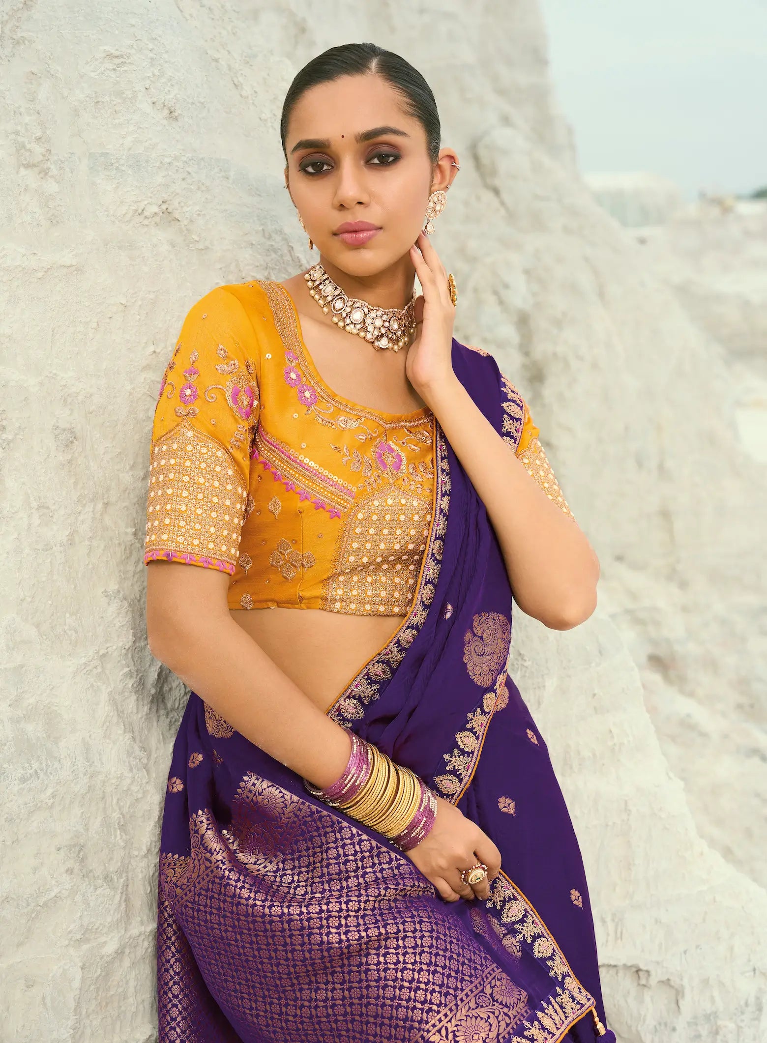 Plum Purple Organza Satin Heavy Embroidery Saree