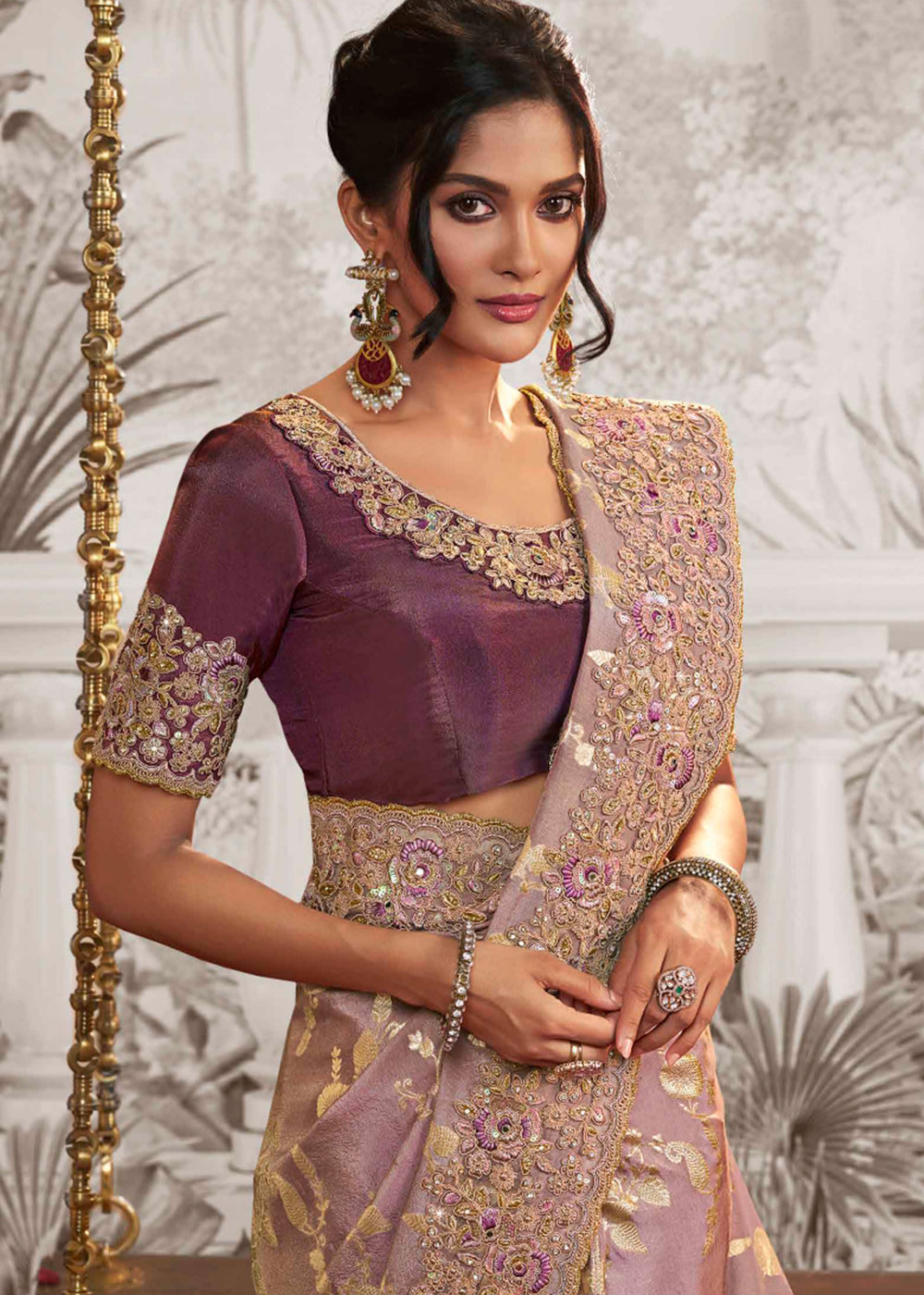 African Purple Designer Heavy Embroidered Silk Saree - qivii