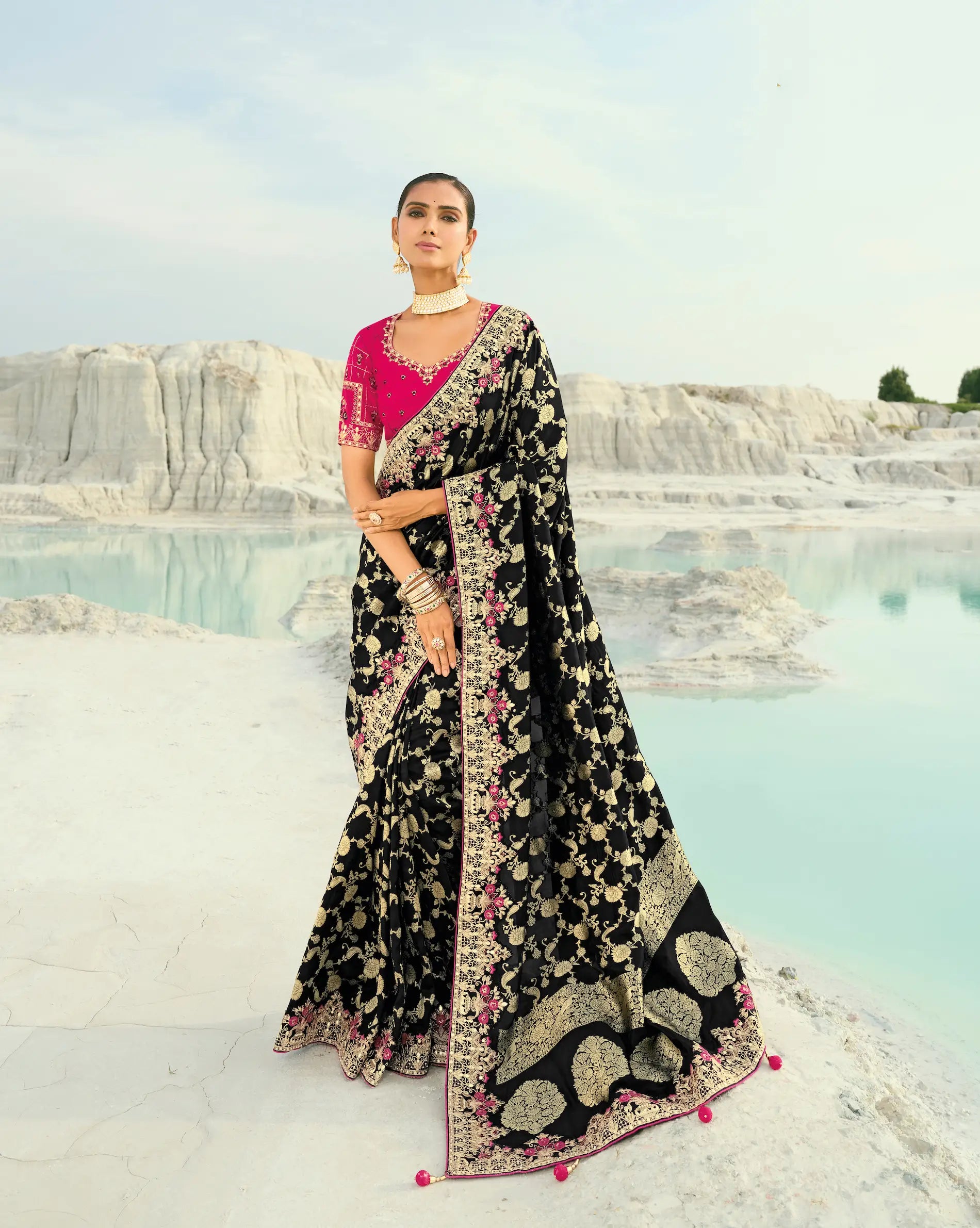 Smoky Black Dola Silk Heavy Embroidery Saree