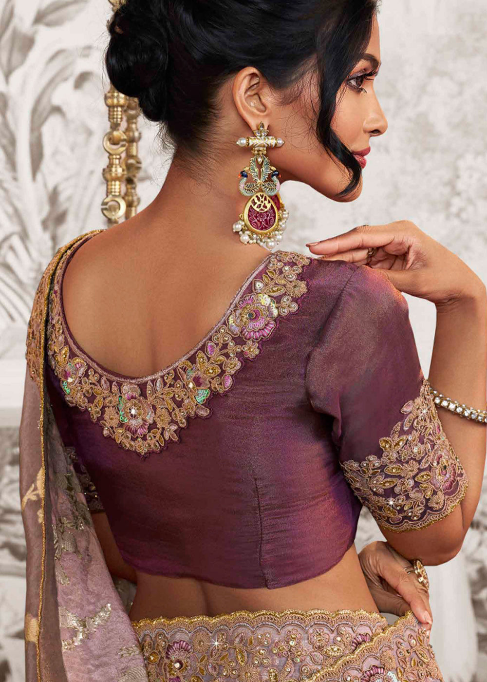 African Purple Designer Heavy Embroidered Silk Saree - qivii