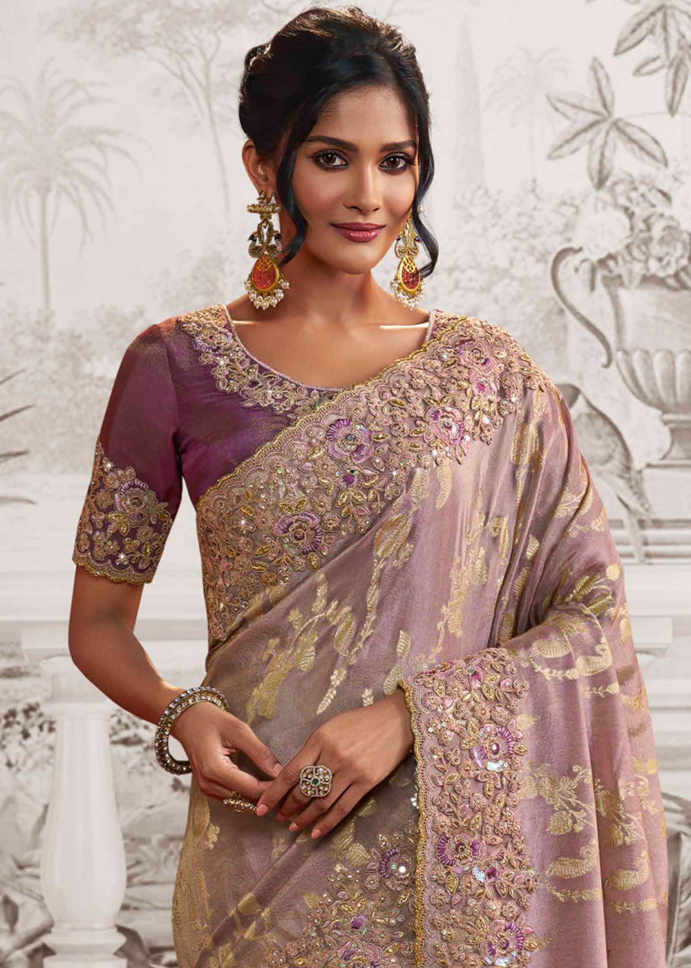 African Purple Designer Heavy Embroidered Silk Saree - qivii