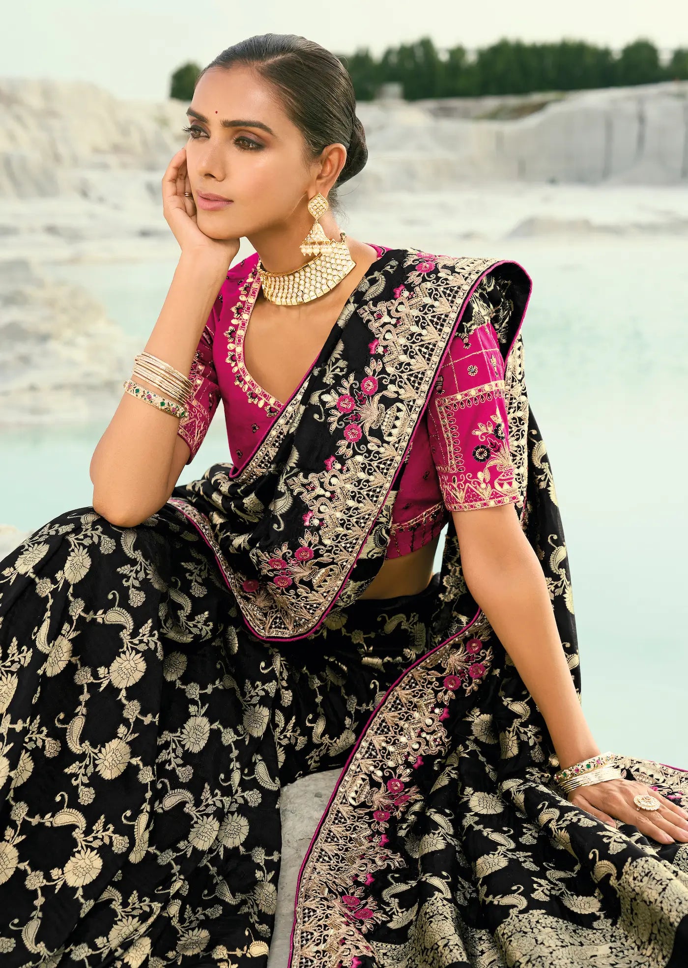 Smoky Black Dola Silk Heavy Embroidery Saree