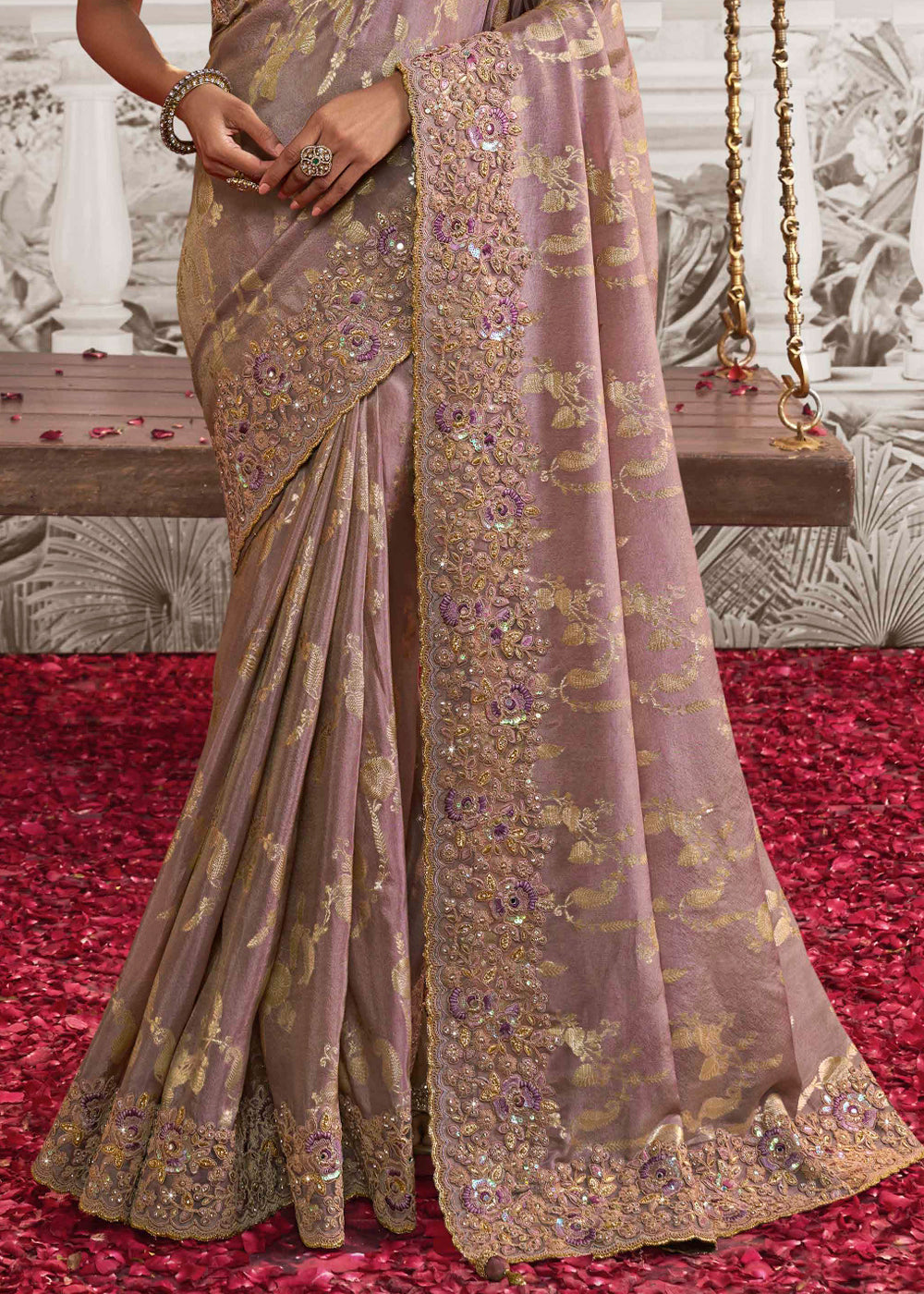 African Purple Designer Heavy Embroidered Silk Saree - qivii