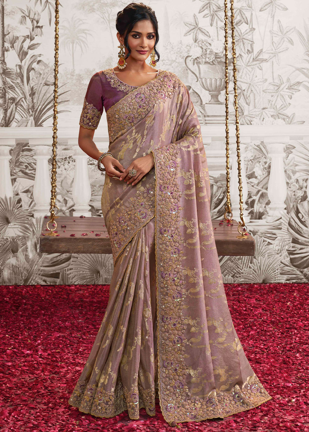 African Purple Designer Heavy Embroidered Silk Saree - qivii