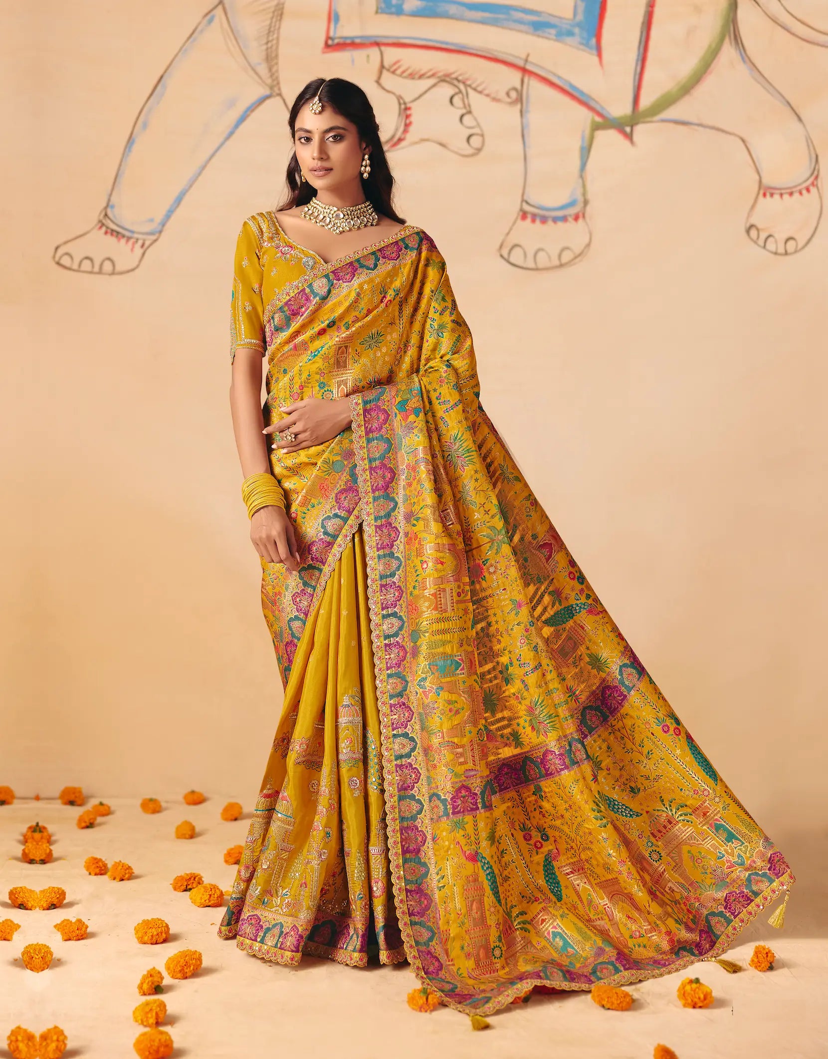 Turmeric Yellow Dola Silk Zari & Embroidery Saree