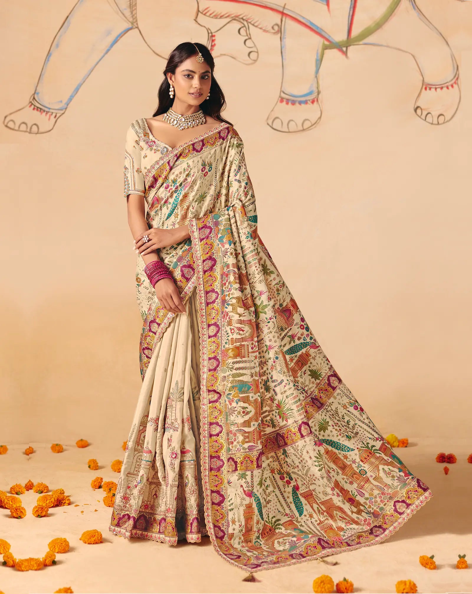 Ivory White Dola Silk Zari & Embroidery Saree
