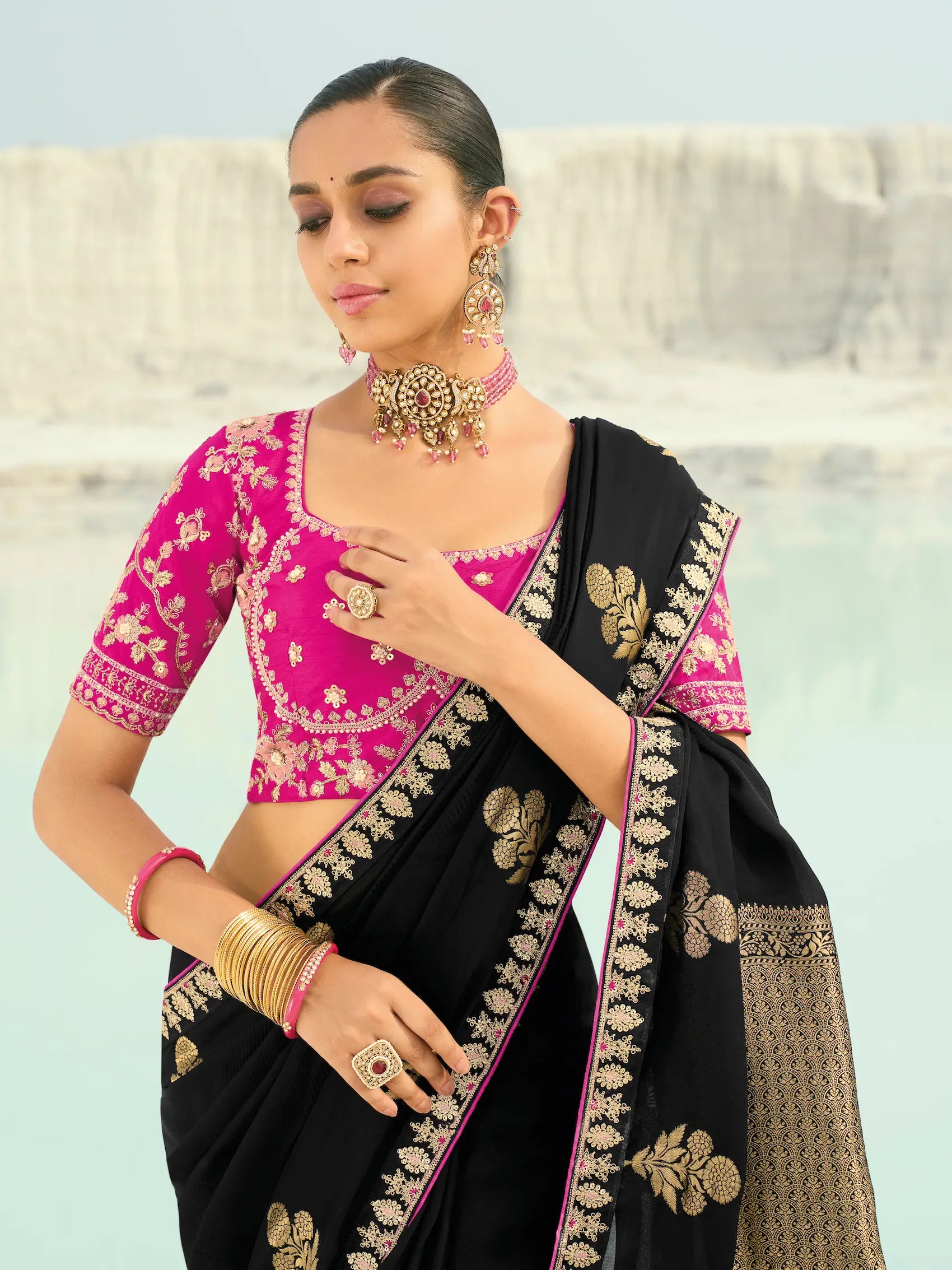 Rich Black Organza Satin Heavy Embroidery Saree