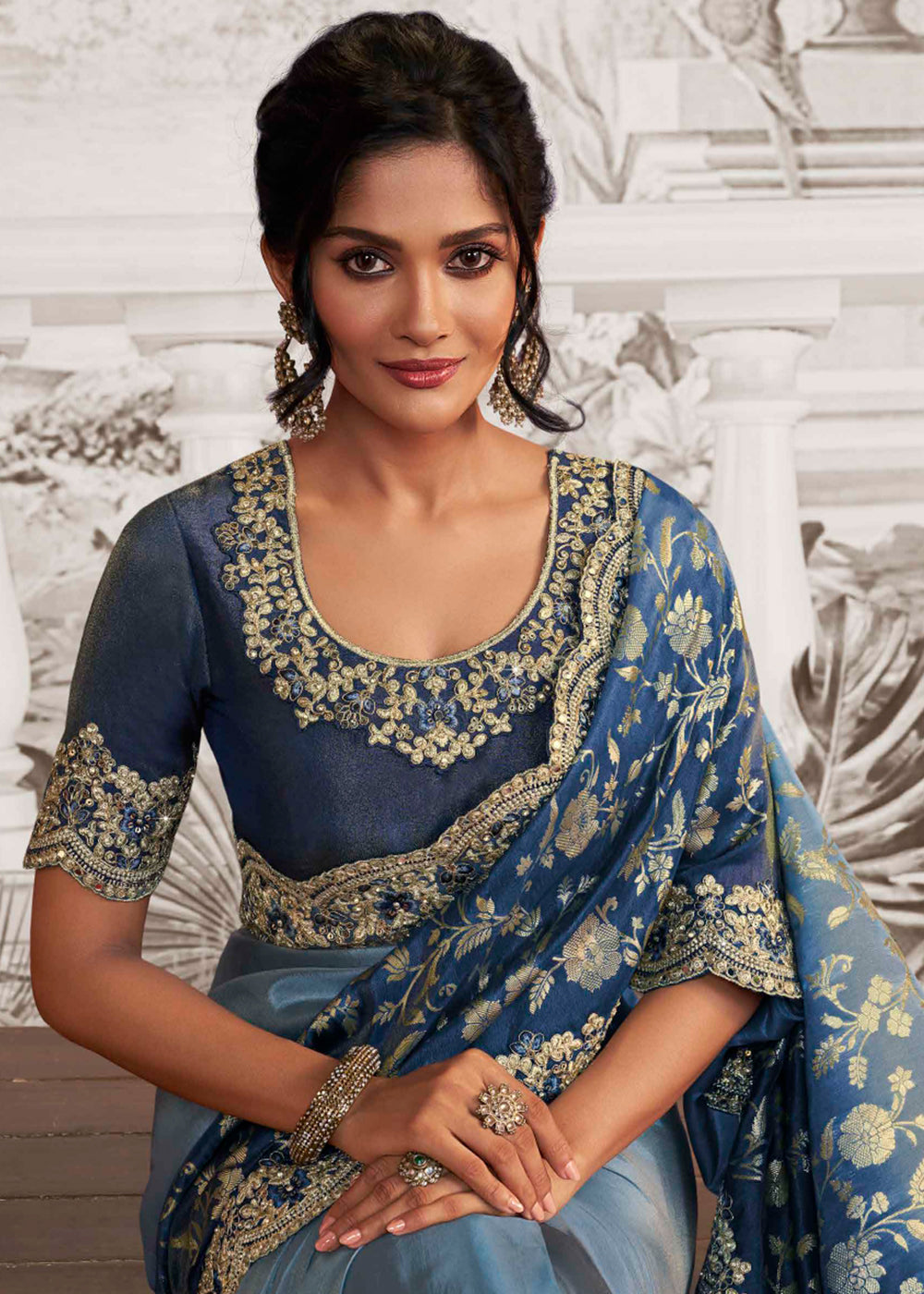 Shades Of Blue Designer Heavy Embroidered Silk Saree - qivii