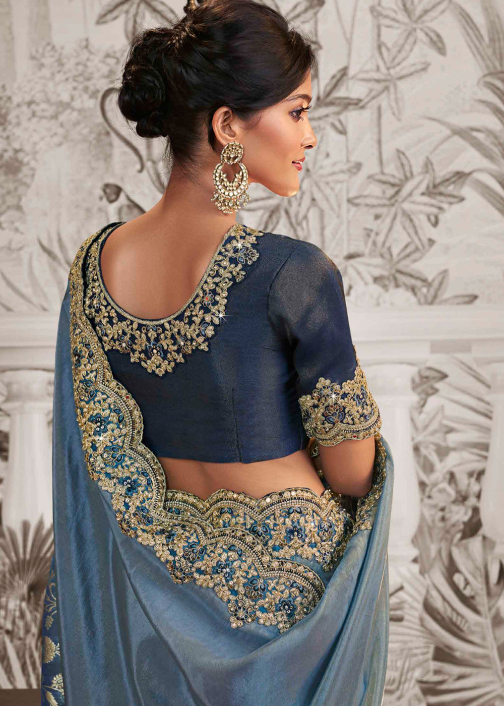 Shades Of Blue Designer Heavy Embroidered Silk Saree - qivii