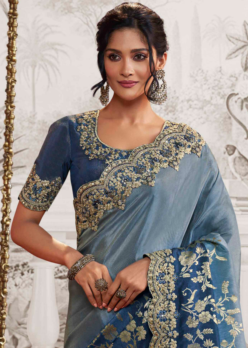 Shades Of Blue Designer Heavy Embroidered Silk Saree - qivii