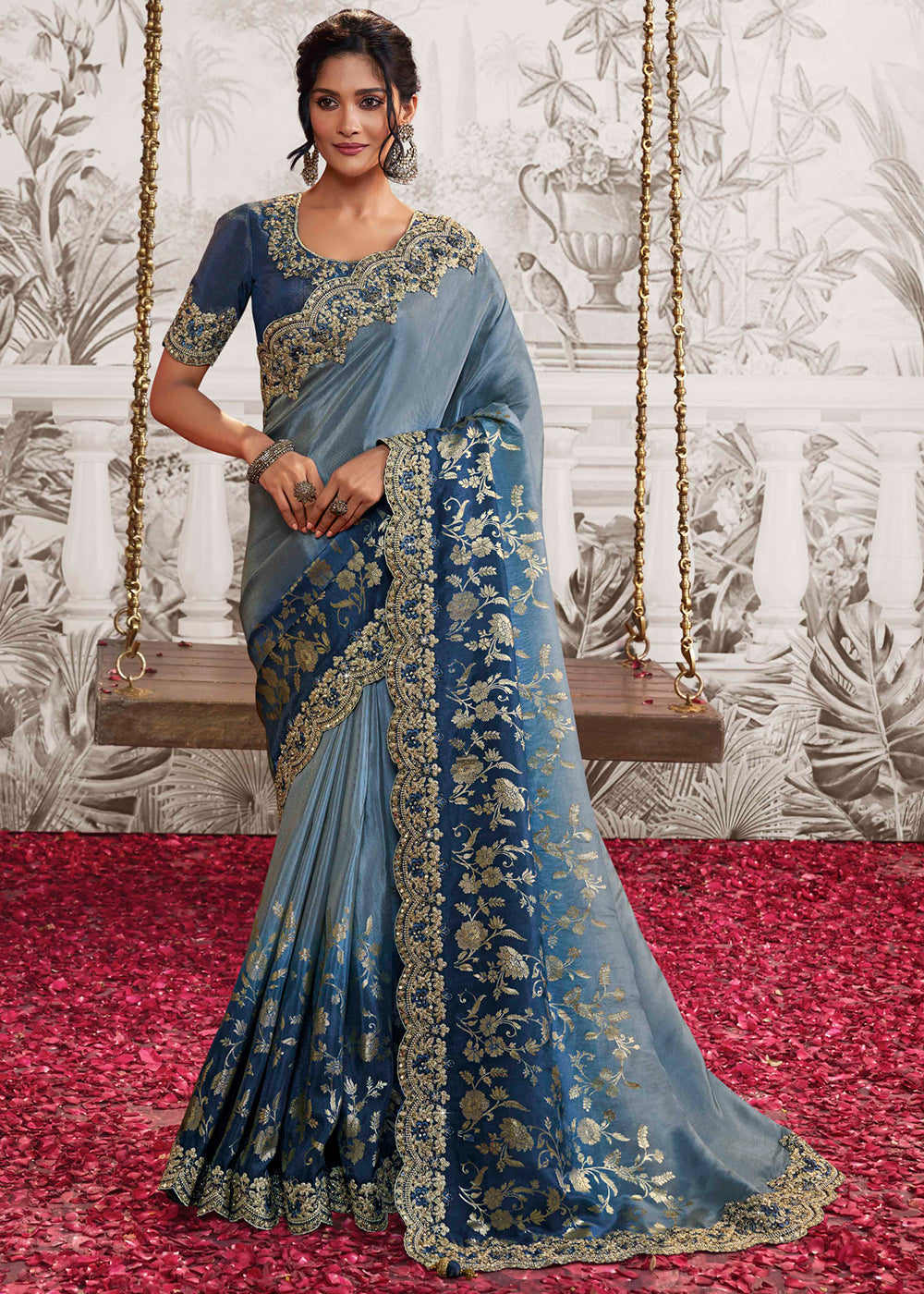 Shades Of Blue Designer Heavy Embroidered Silk Saree - qivii