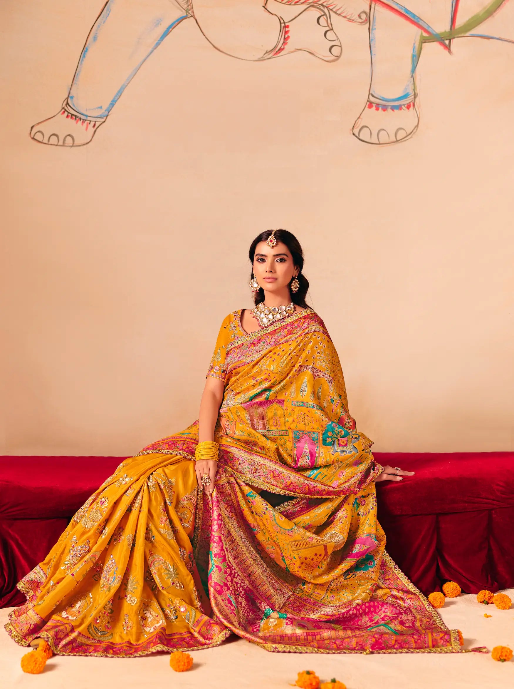 Honey Mustard Dola Silk Zari & Embroidery Saree