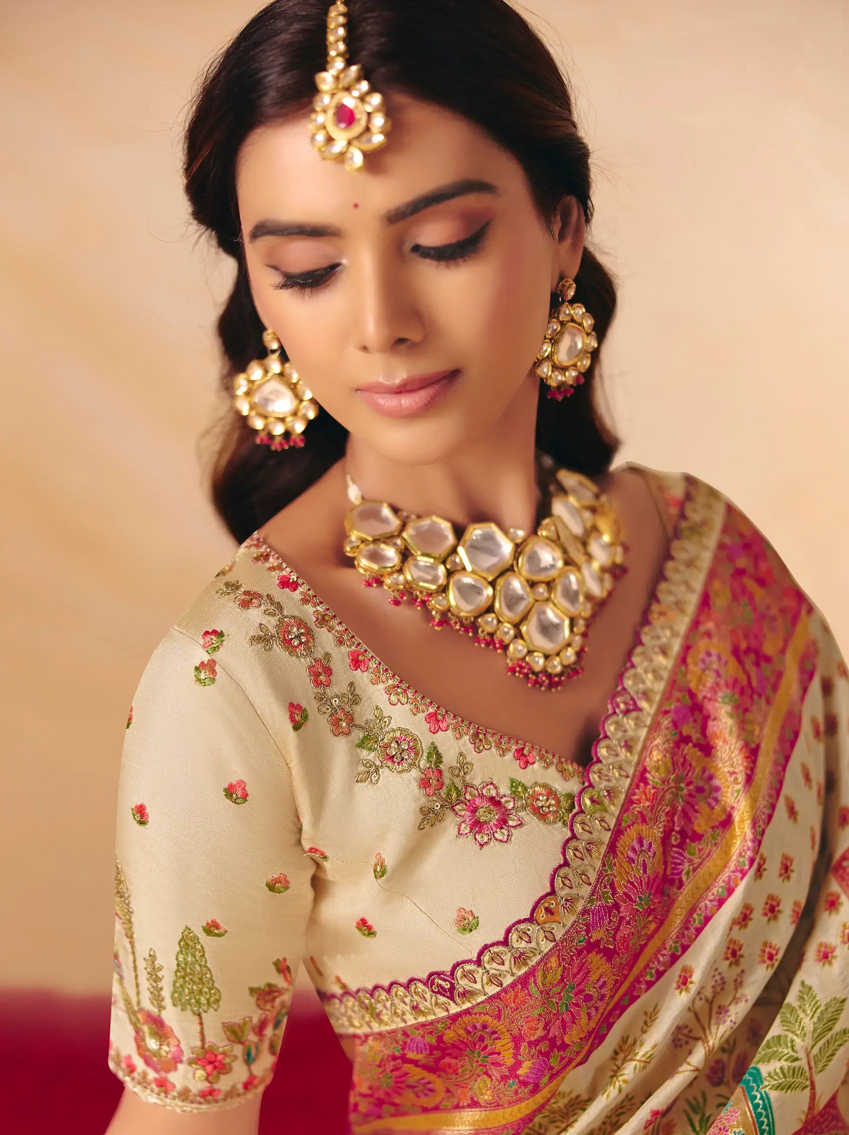 Vanilla White Dola Silk Zari & Embroidery Saree