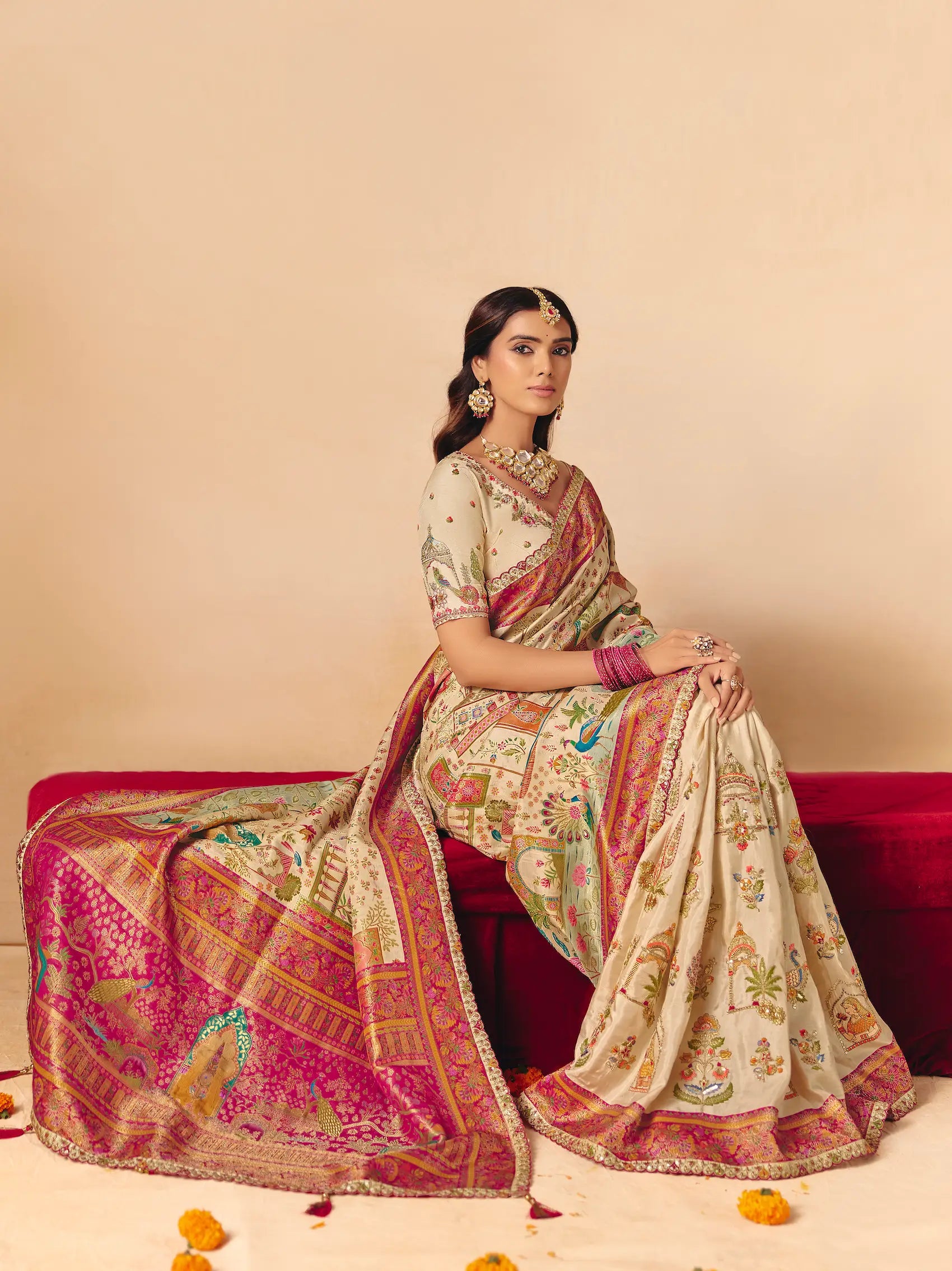 Vanilla White Dola Silk Zari & Embroidery Saree