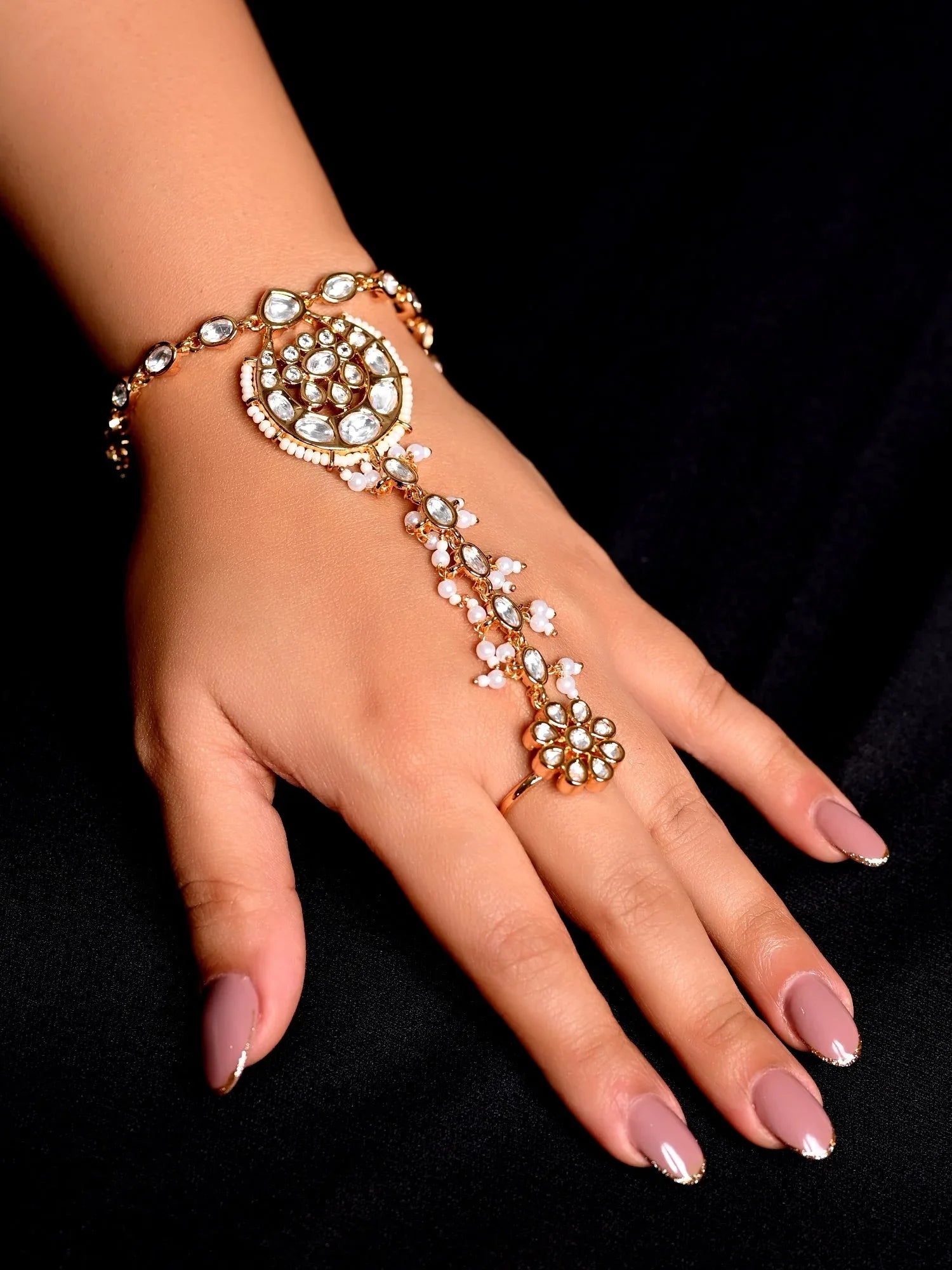 Nilakshi White Gold Plated Kundan Hathphool [Price Is For Single Piece}