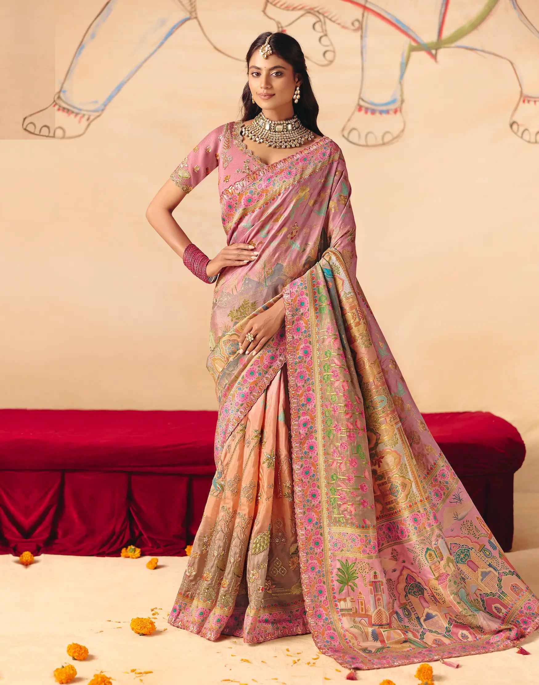 Rosy Pink Dola Silk Zari & Embroidery Saree