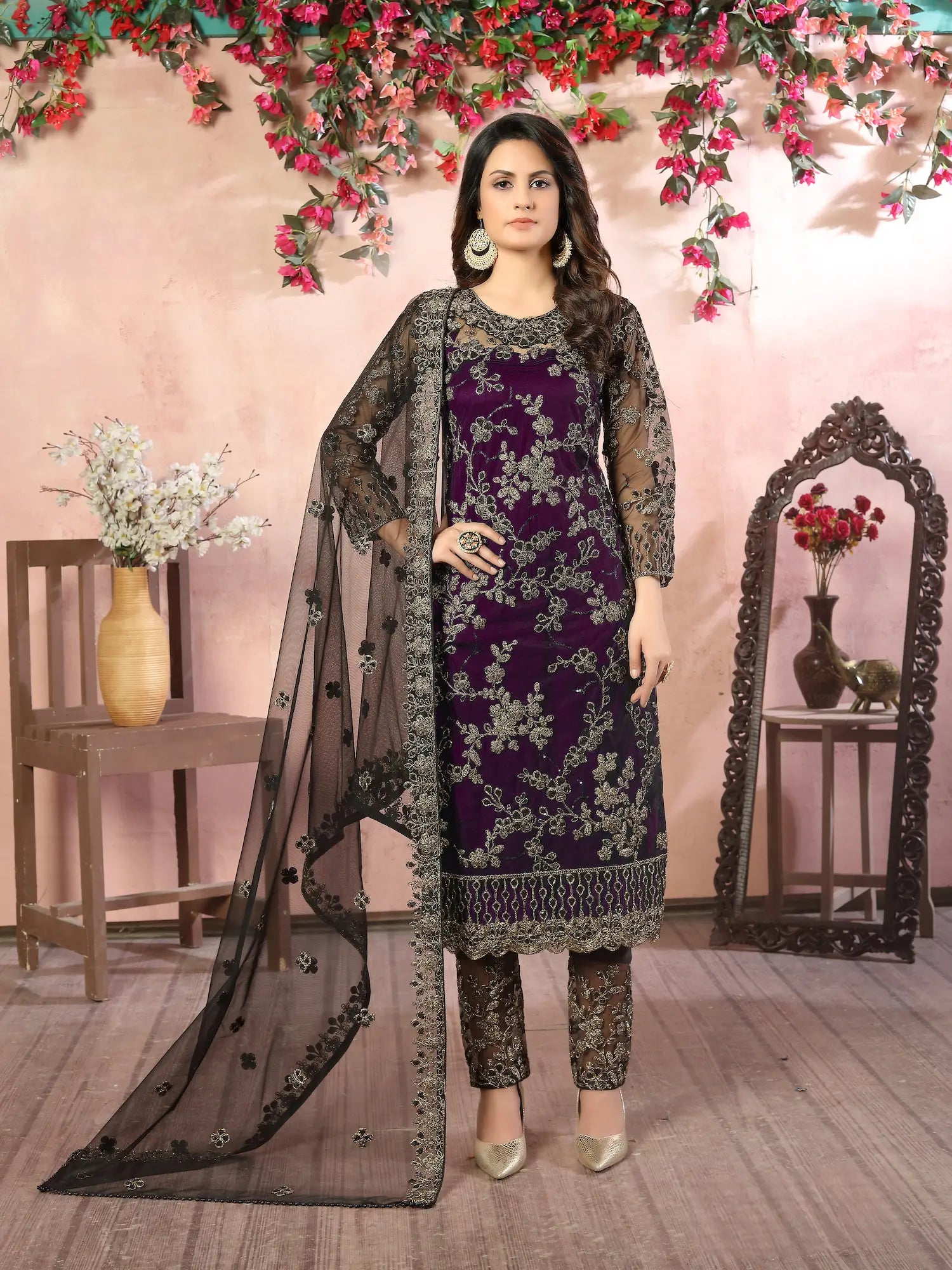 Wine Net Thread & Sequence Embroidery Work Salwar Suit - qivii