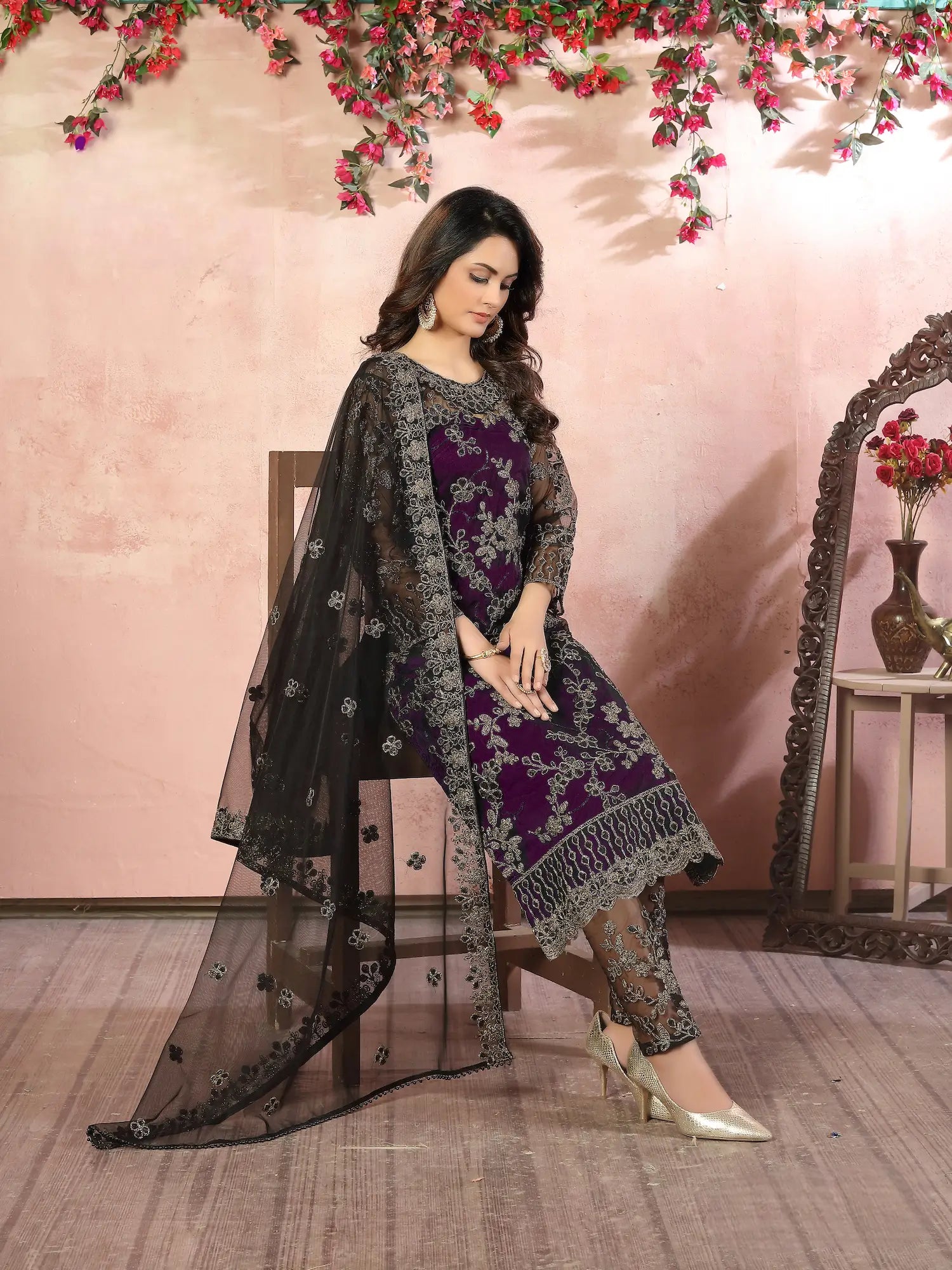 Wine Net Thread & Sequence Embroidery Work Salwar Suit - qivii
