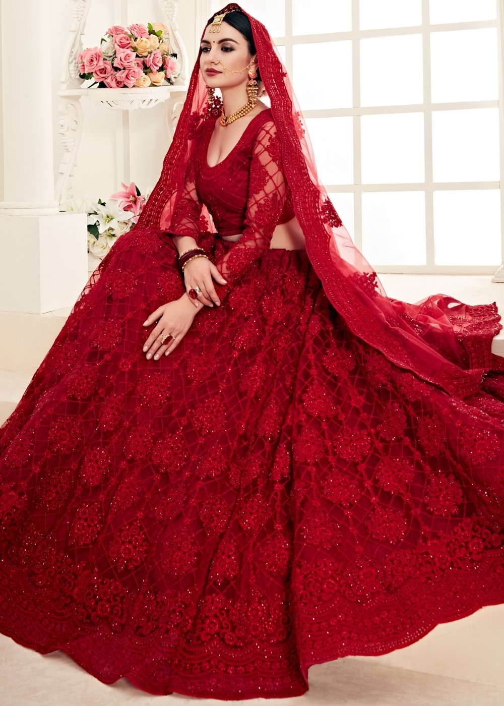 Chilli Red Soft Net Lehenga Choli with Cording Embroidery & Stonework | Ready To Wear - qivii