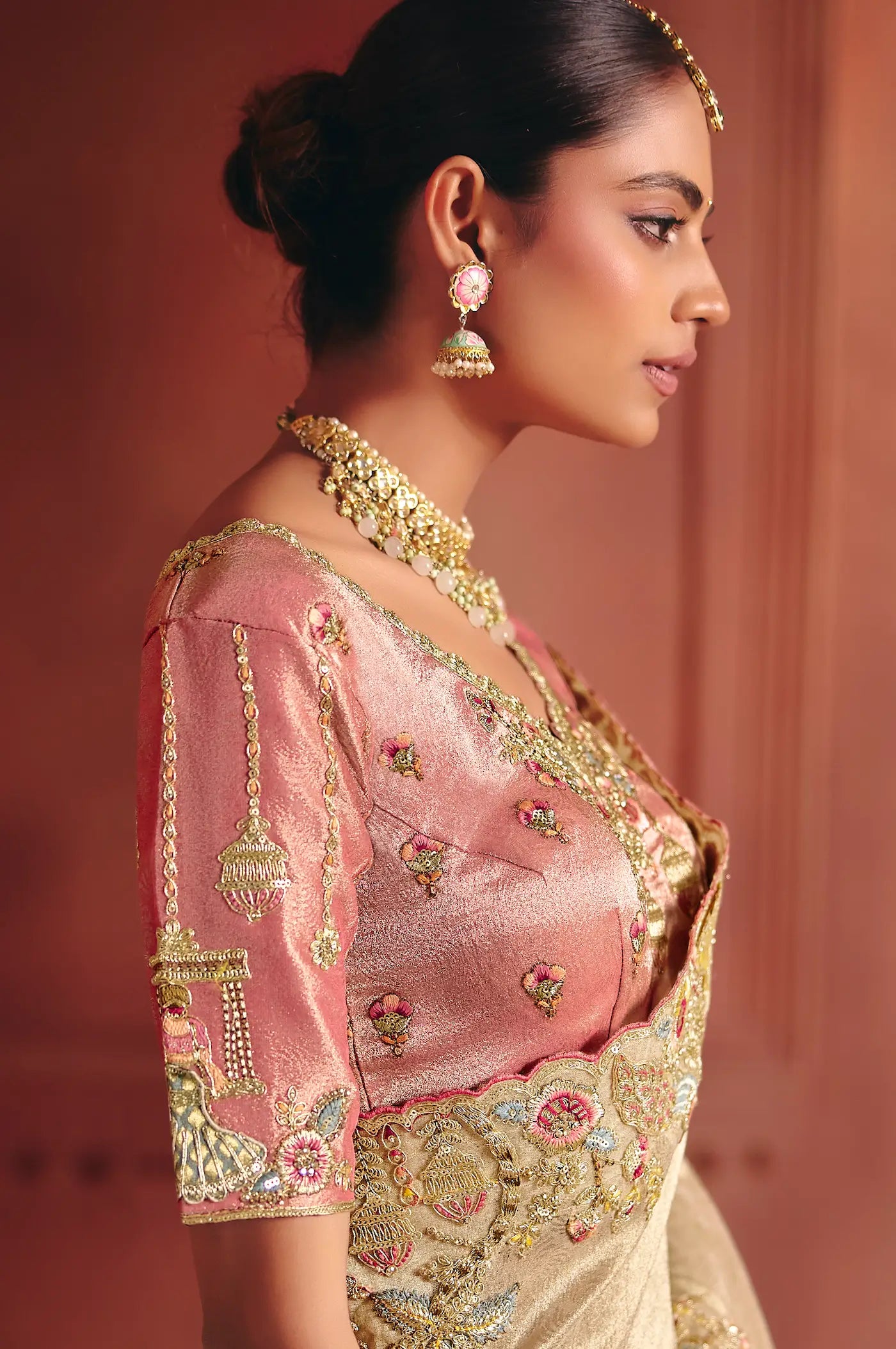 Champagne Gold Zari Silk Heavy Embroidery Saree