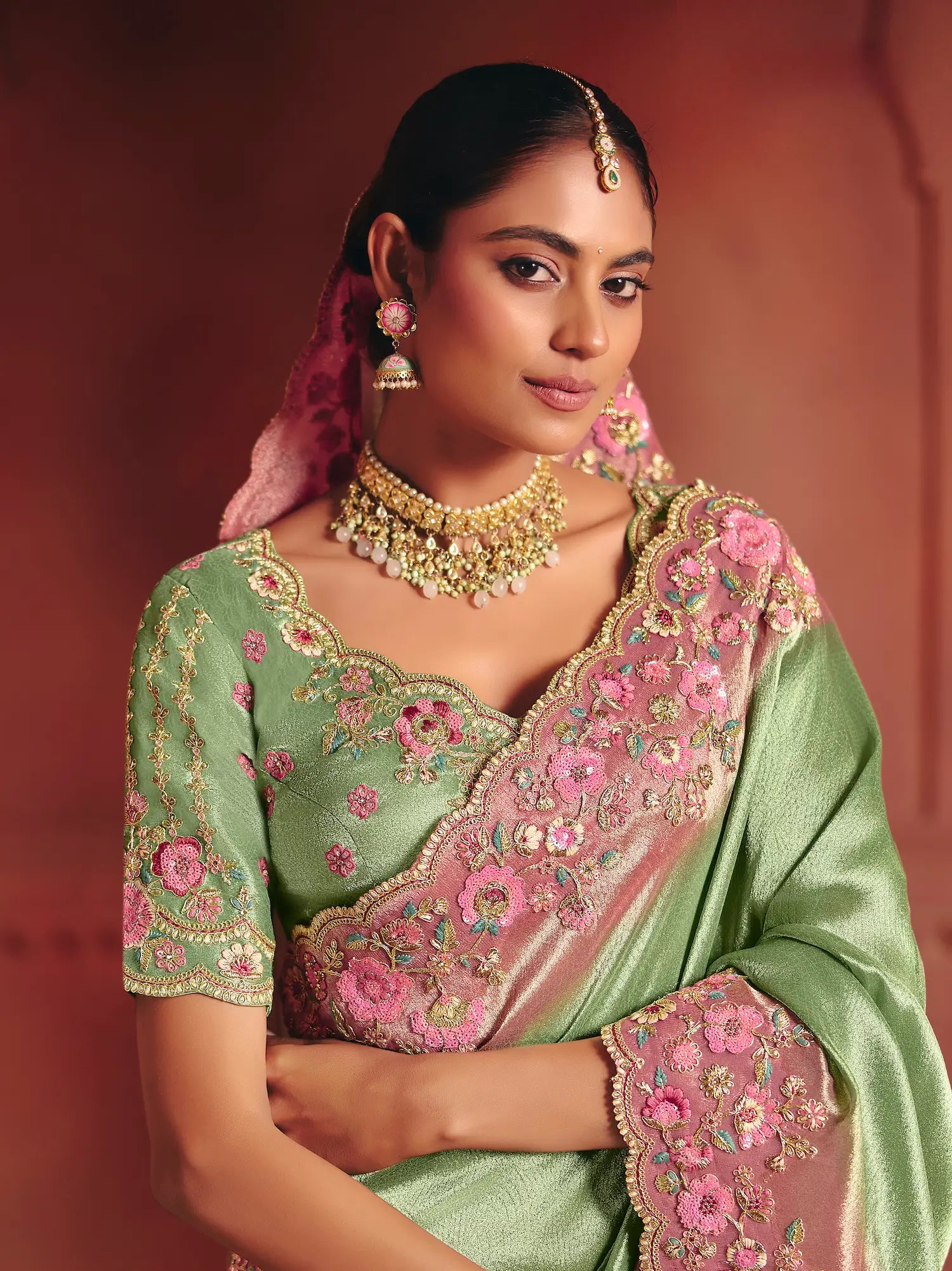 Pistachio Green Zari Silk Heavy Embroidery Saree