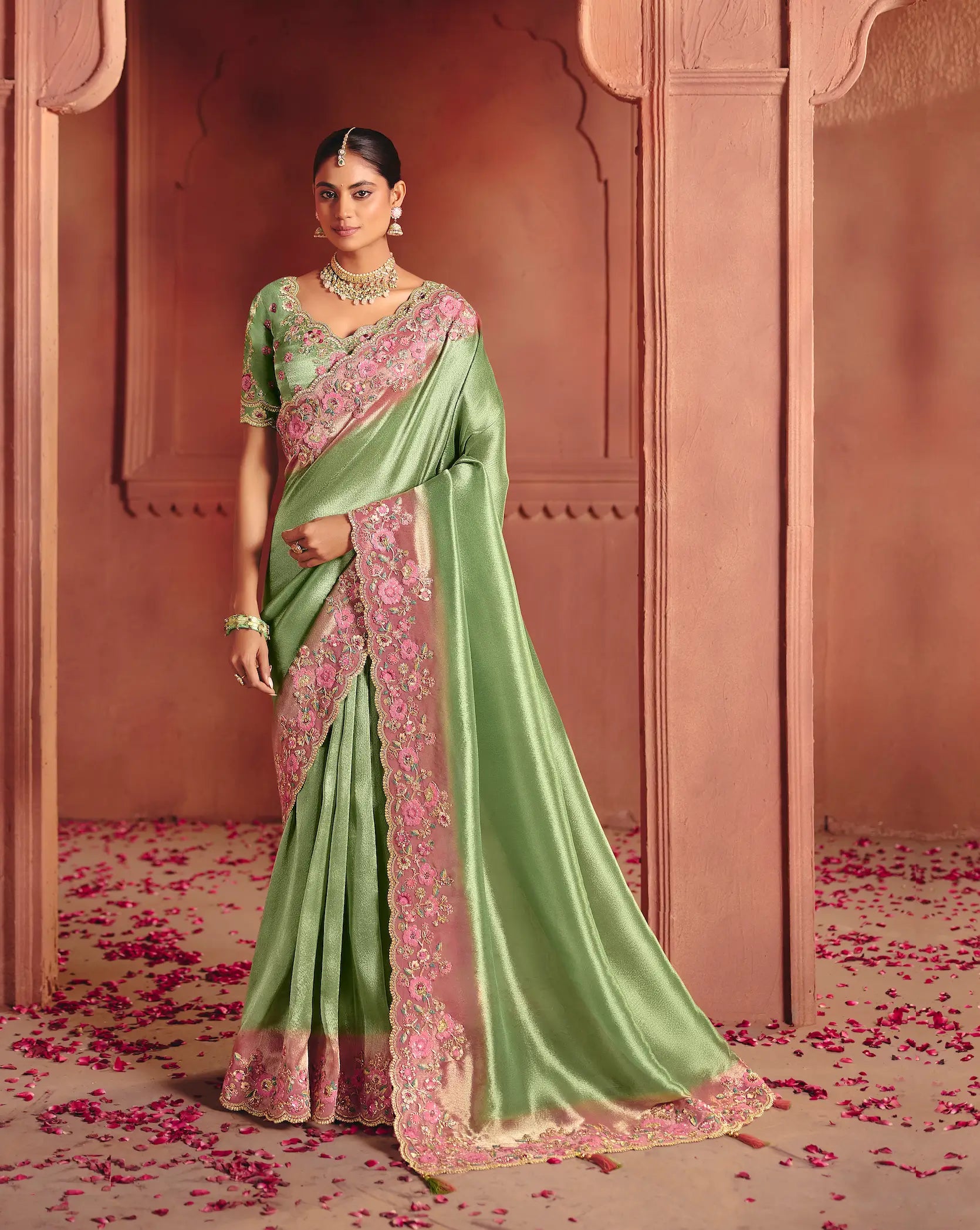 Pistachio Green Zari Silk Heavy Embroidery Saree