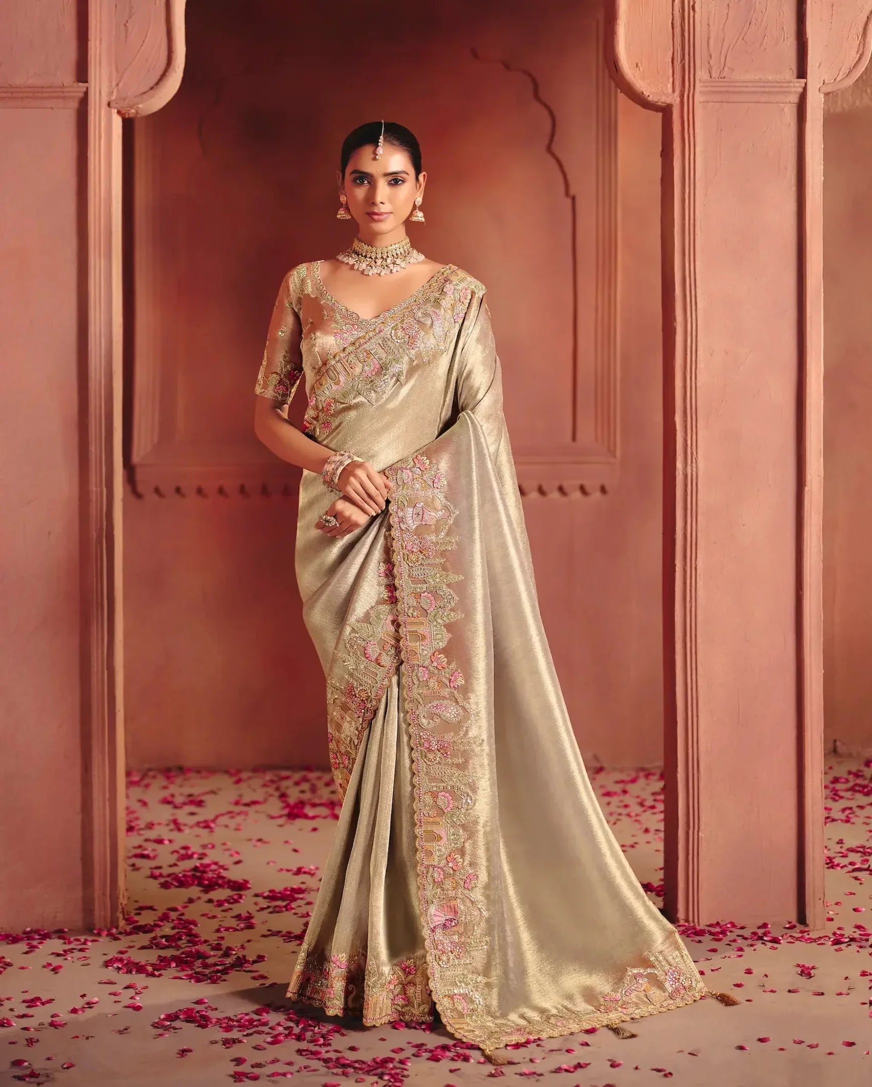 Ivory Gold Zari Silk Heavy Embroidery Saree