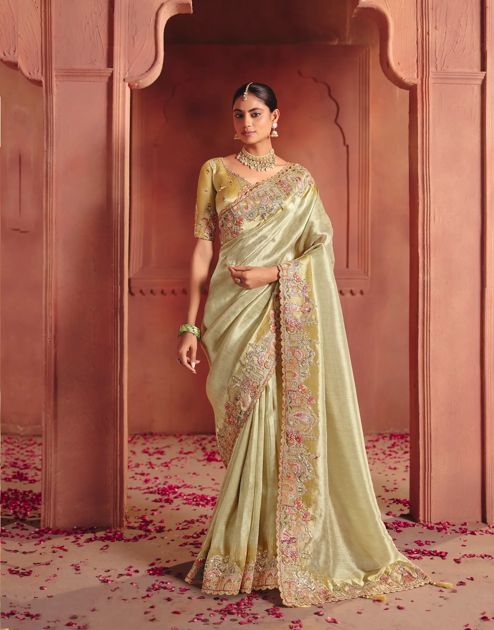 Golden Beige Zari Silk Heavy Embroidery Saree
